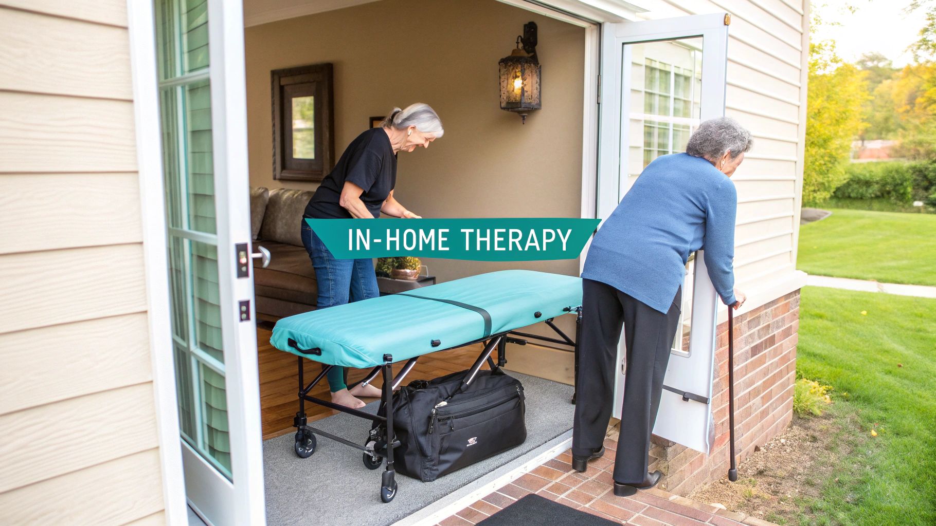 A male massage therapist in professional attire sets up a portable massage table in a client's well-lit home.