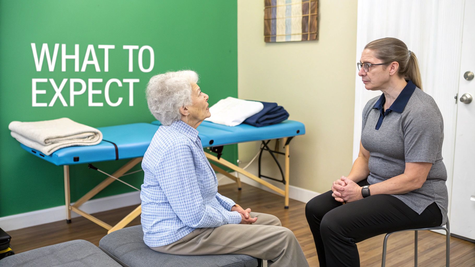 A female therapist consults an older woman in a professional therapy room with a massage table.