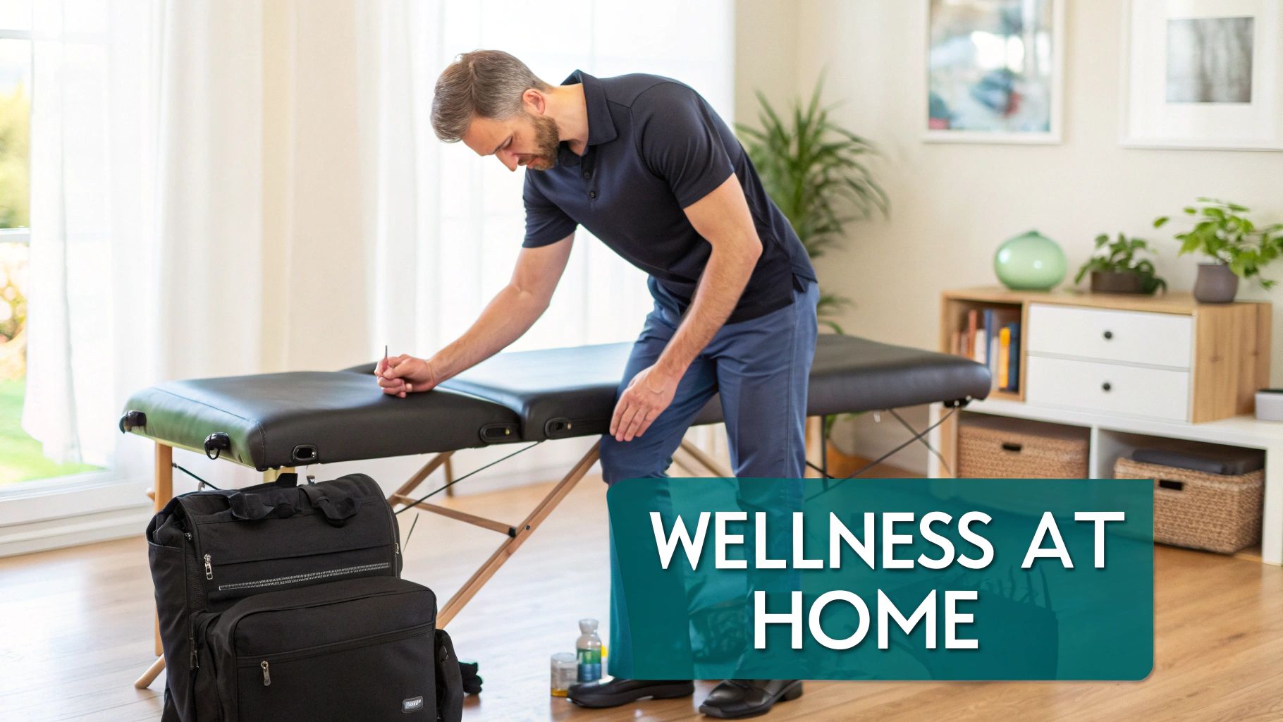 A professional male massage therapist in a polo shirt giving a shoulder massage to a fully draped client at home.