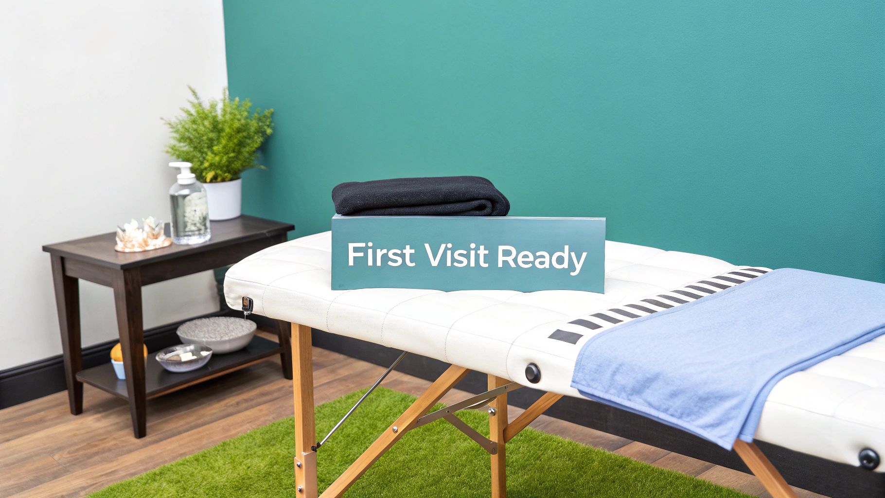 A pristine massage room with a table, a 'First Visit Ready' sign, and a side table with amenities.