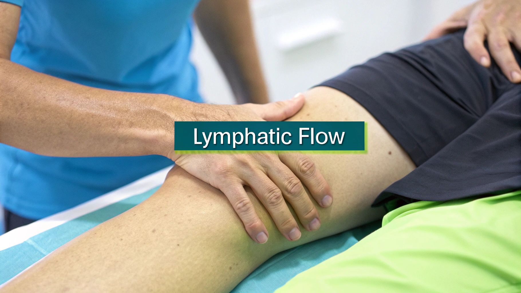 A massage therapist in professional attire gently works on a client's leg, which is properly draped with a white towel. The setting is a clean, professional clinic or spa room, illustrating the therapeutic nature of the massage.