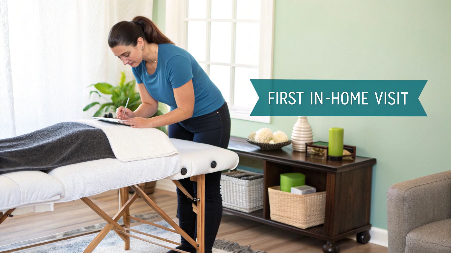 A male massage therapist in professional attire reviews a health intake form with a client on a tablet before an in-home session.