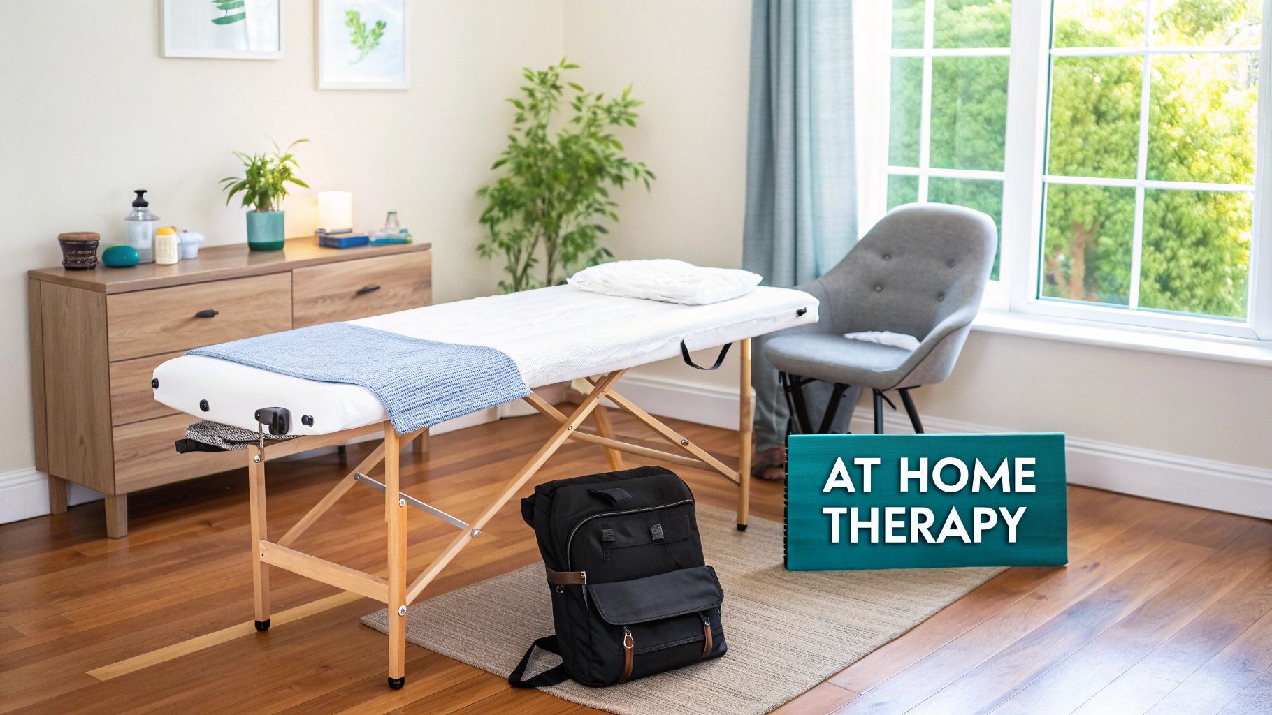 A bright home therapy room featuring a massage table, wooden dresser, and backpack near a window.