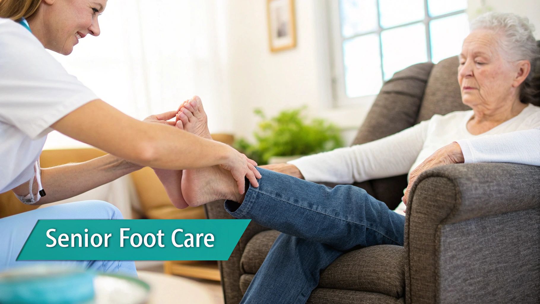 A professional massage therapist in scrubs gives a therapeutic foot massage to a fully draped client on a massage table.