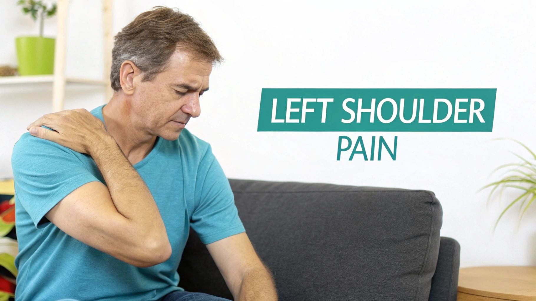 A man grimaces while holding his left shoulder in pain, next to text 'LEFT SHOULDER PAIN'.