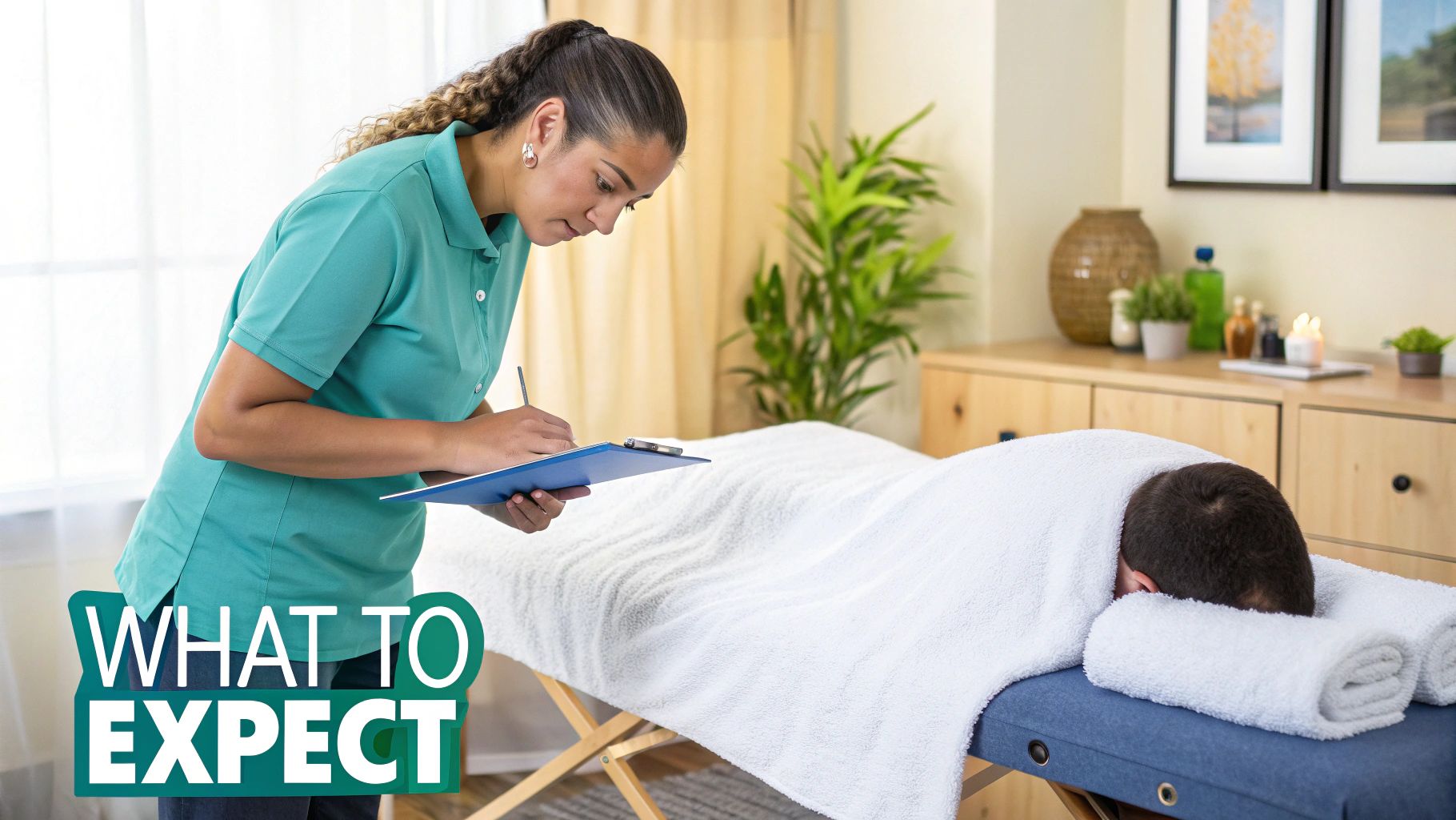 A massage therapist writes notes on a clipboard beside a client covered by a towel on a massage table.