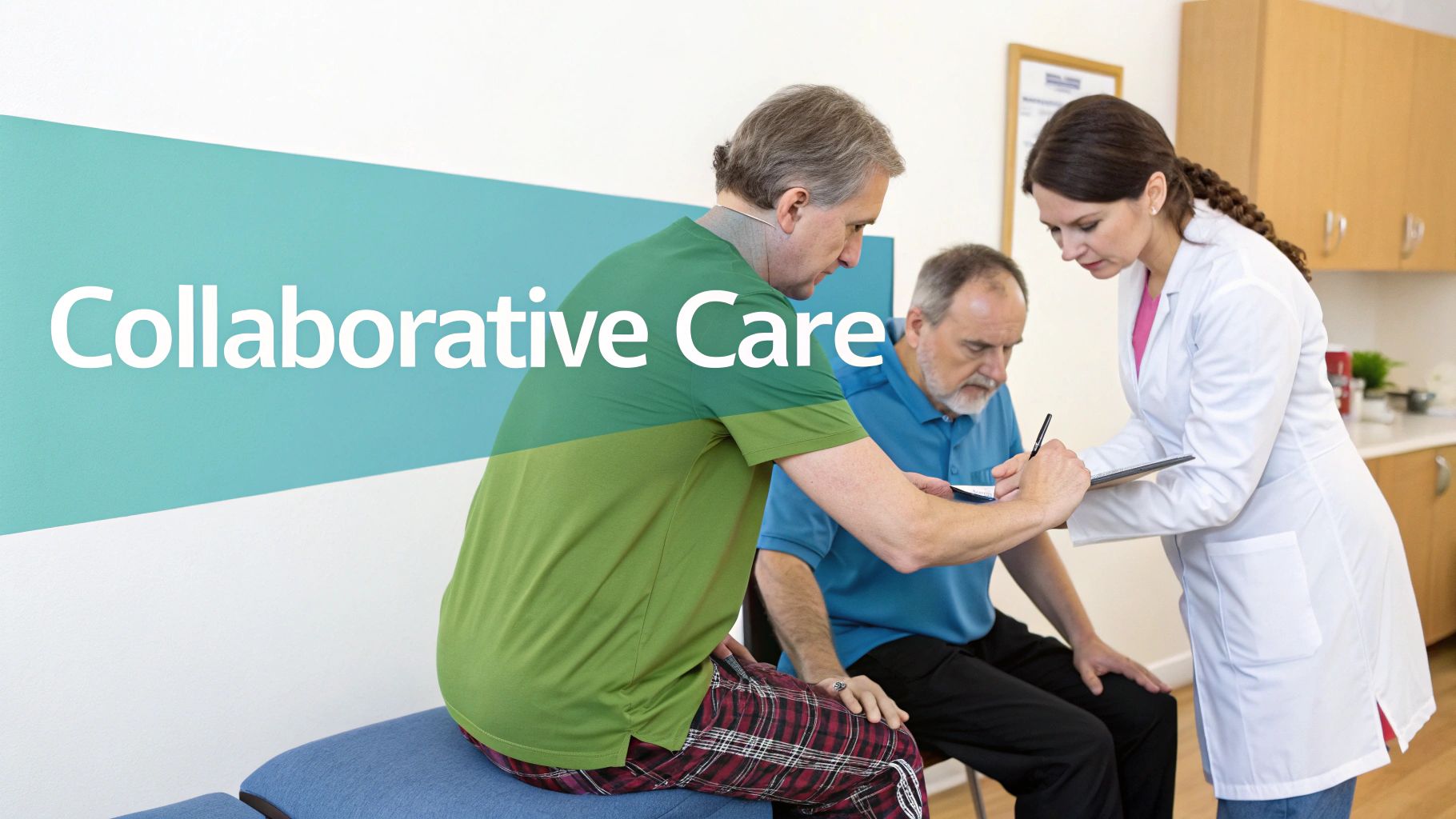 A female doctor and two male patients engage in collaborative care in a clinic.