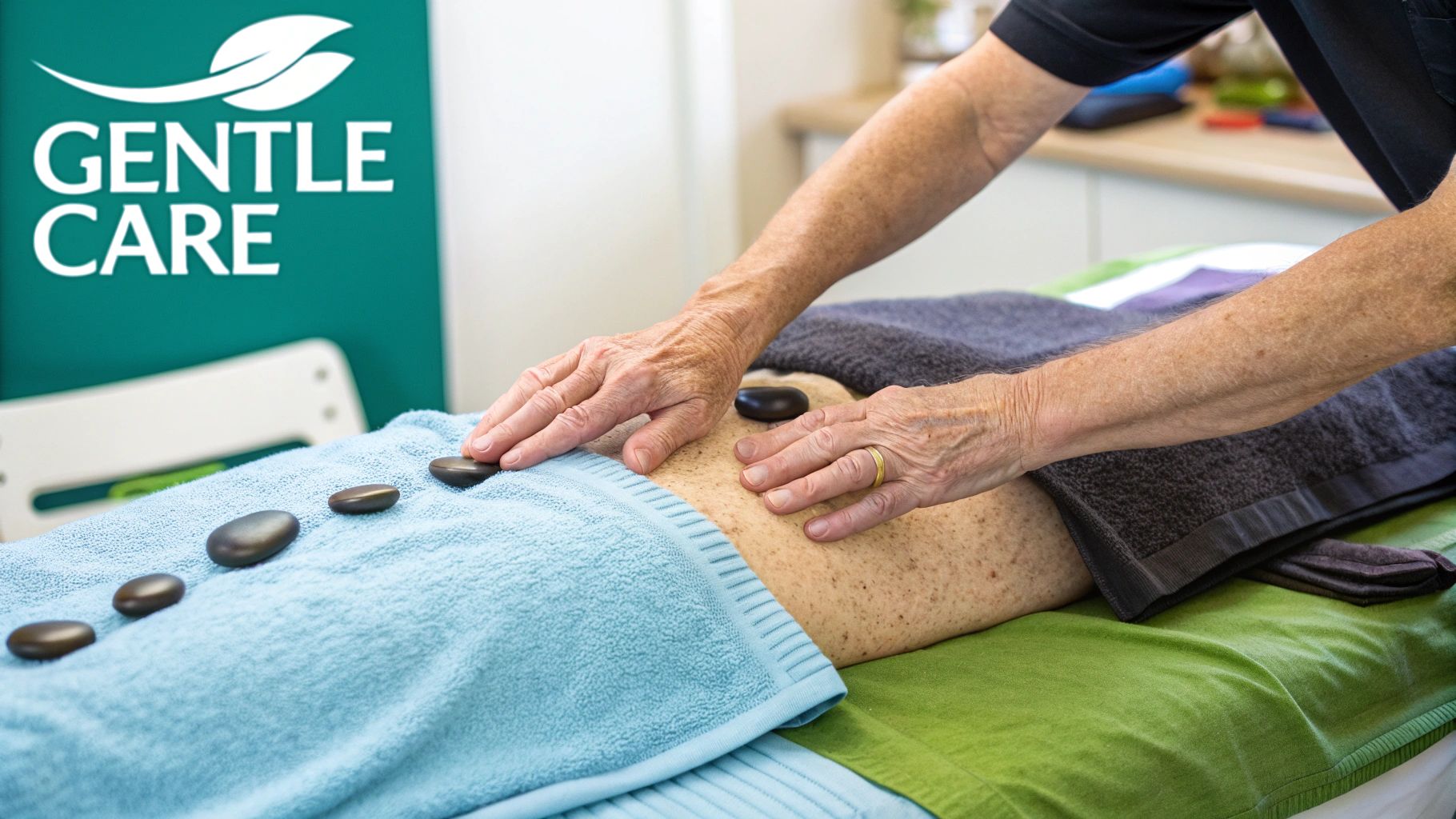 Hands placing warm hot stones on a person's back during a gentle care massage session.