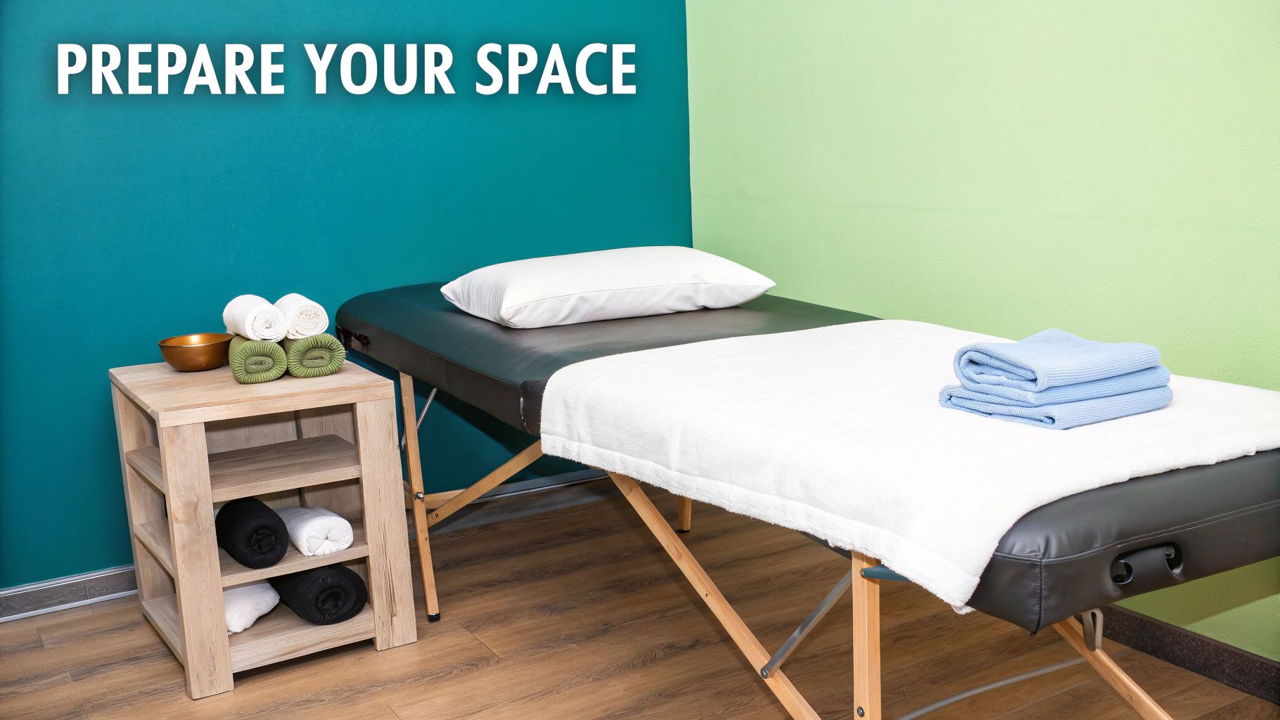 A clean, organized living room set up for an in-home massage, with a massage table, folded towels, and soft lighting.