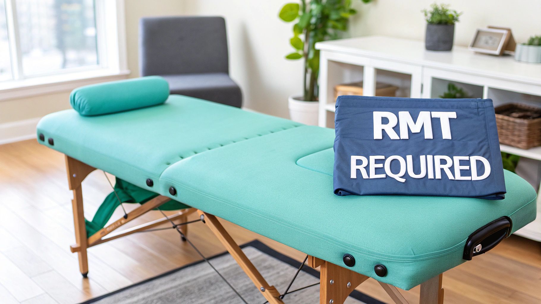 A professional massage table is set up in a clean, bright room. The therapist, a male in a polo shirt, is arranging fresh linens, conveying a sense of preparation and care. The setting is professional and family-friendly.