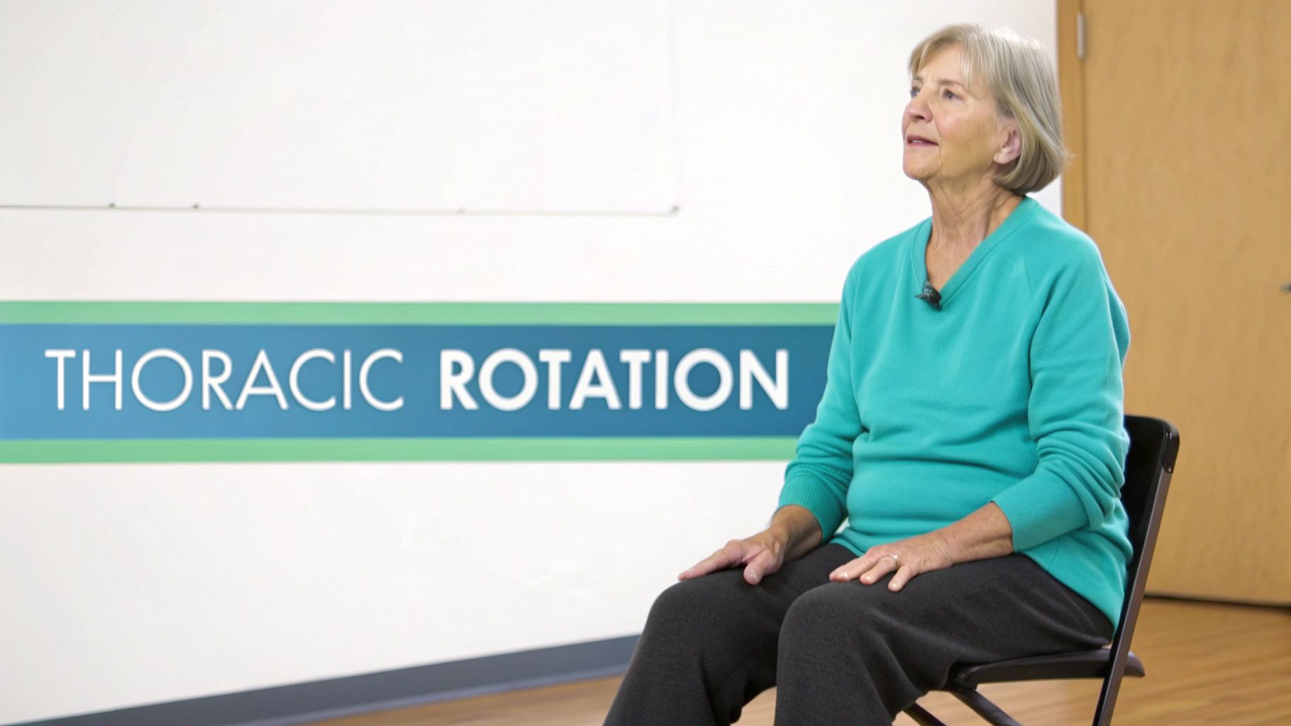 An older woman sits in a chair with "THORACIC ROTATION" sign behind her, ready for mobility exercises.