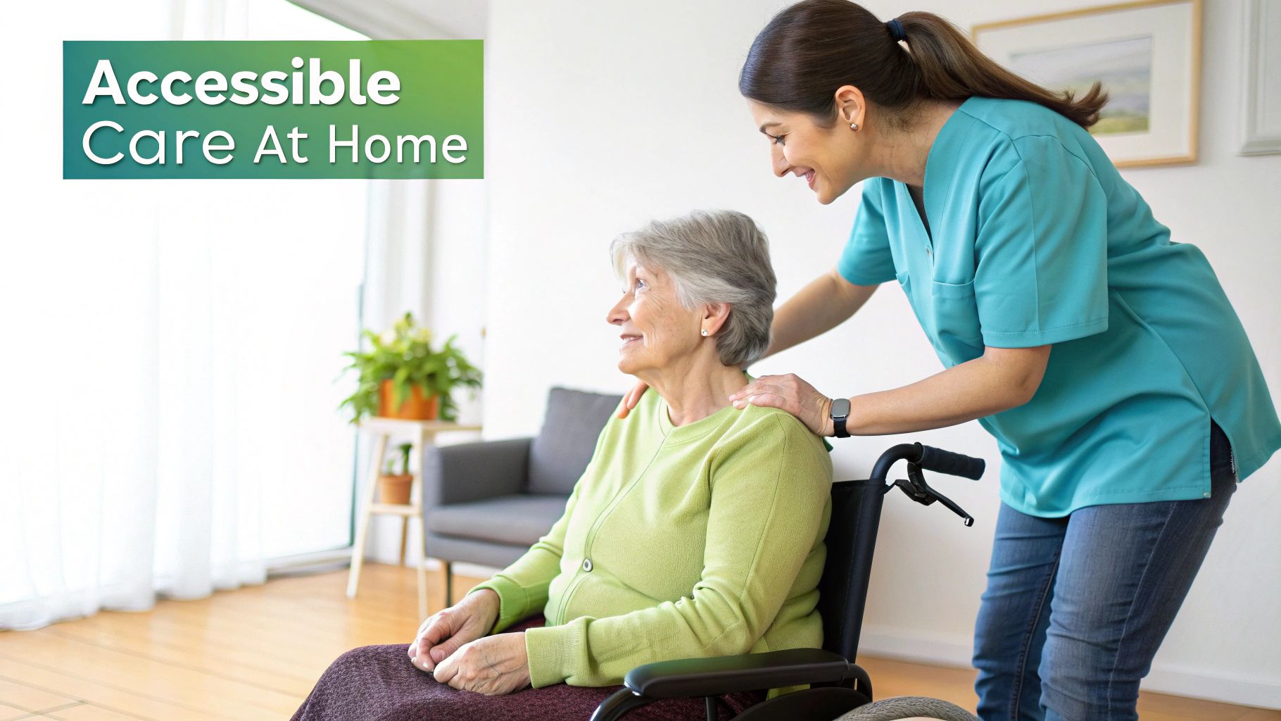 A smiling senior woman in a wheelchair receiving accessible care at home from a compassionate caregiver.