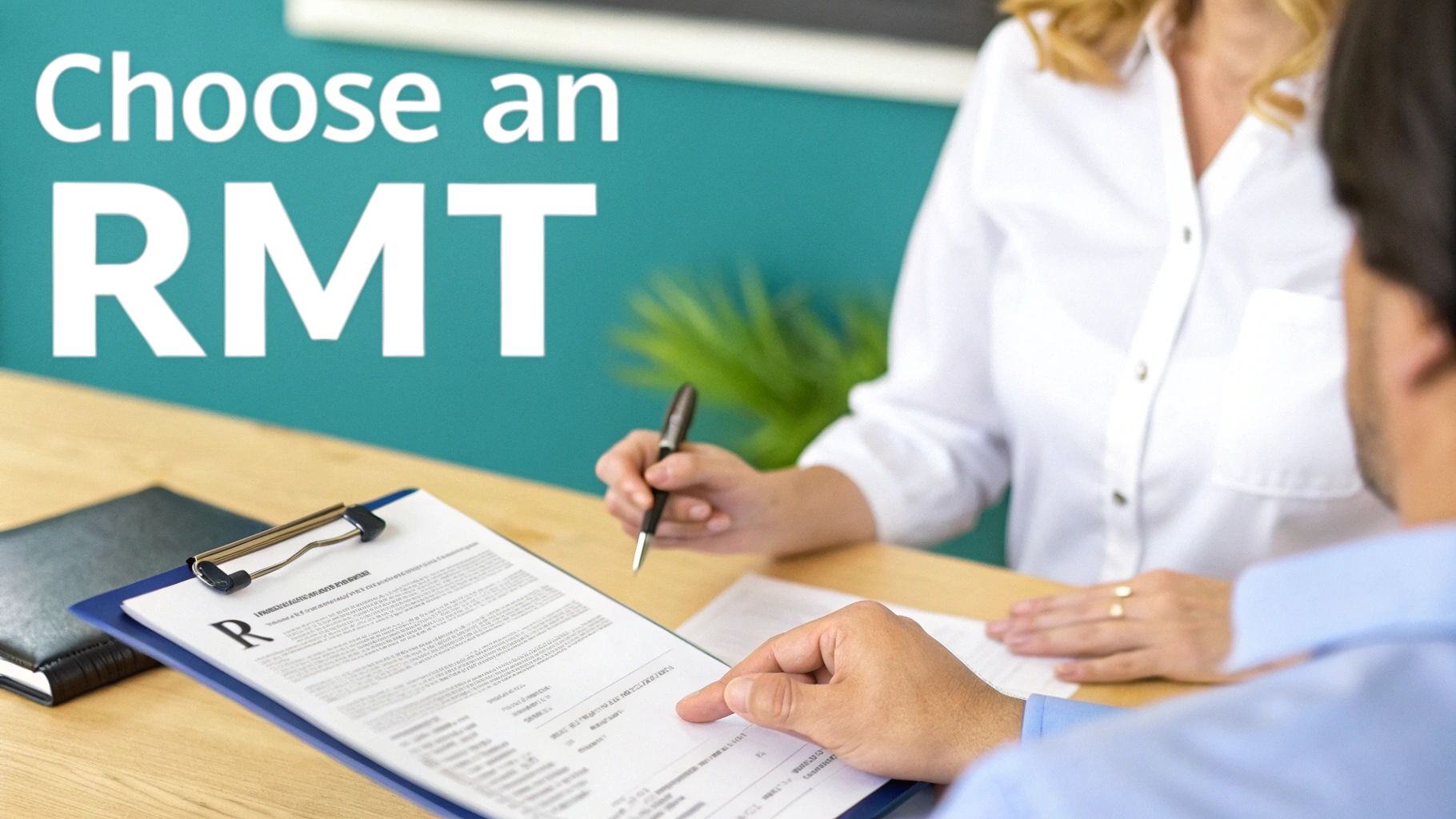 A professional massage therapist discussing a treatment plan with a client in a well-lit, professional clinic setting.