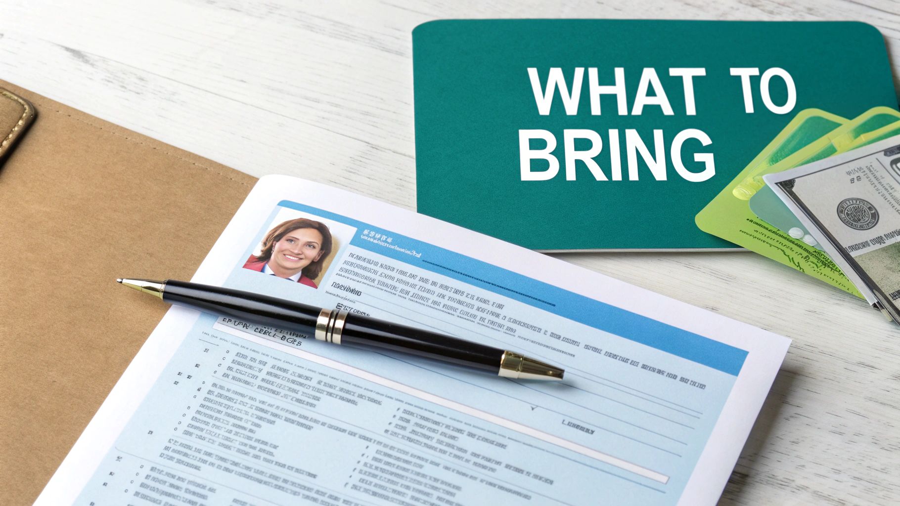 A flat lay showing a resume, a pen, a 'WHAT TO BRING' sign, and money, symbolizing preparation.