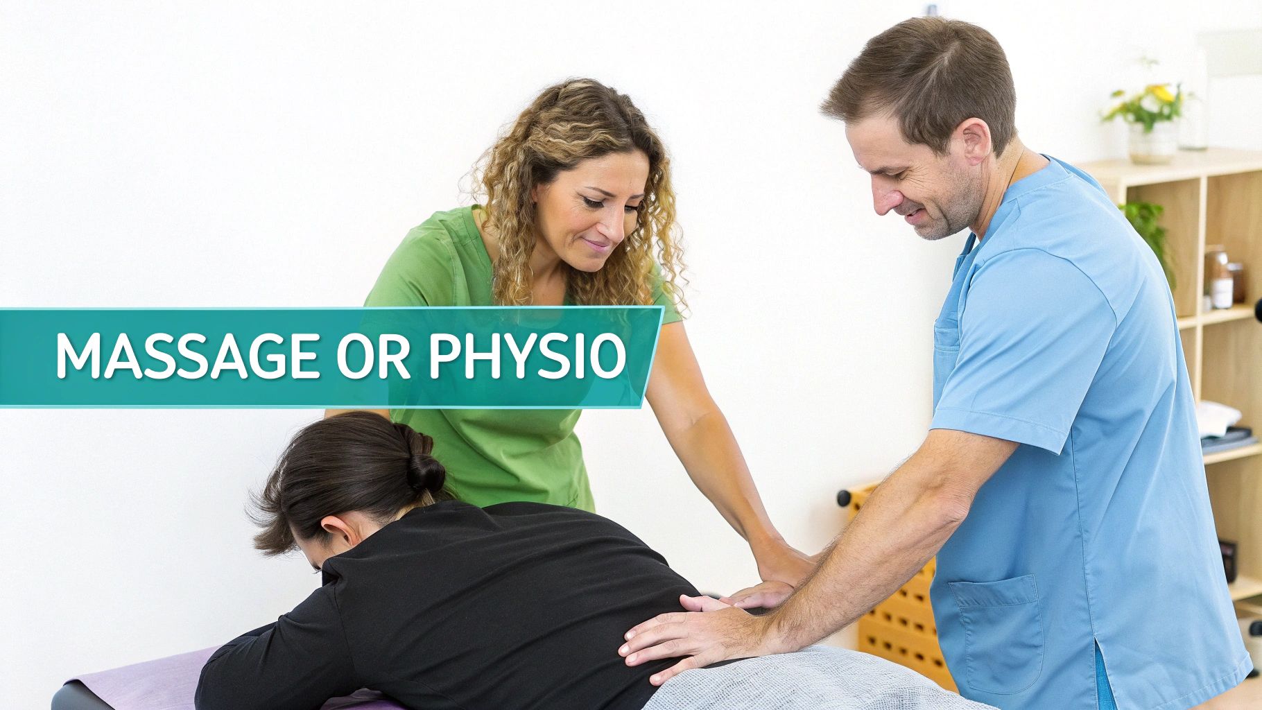Two therapists, a man and a woman, perform back treatment on a patient lying on a table.