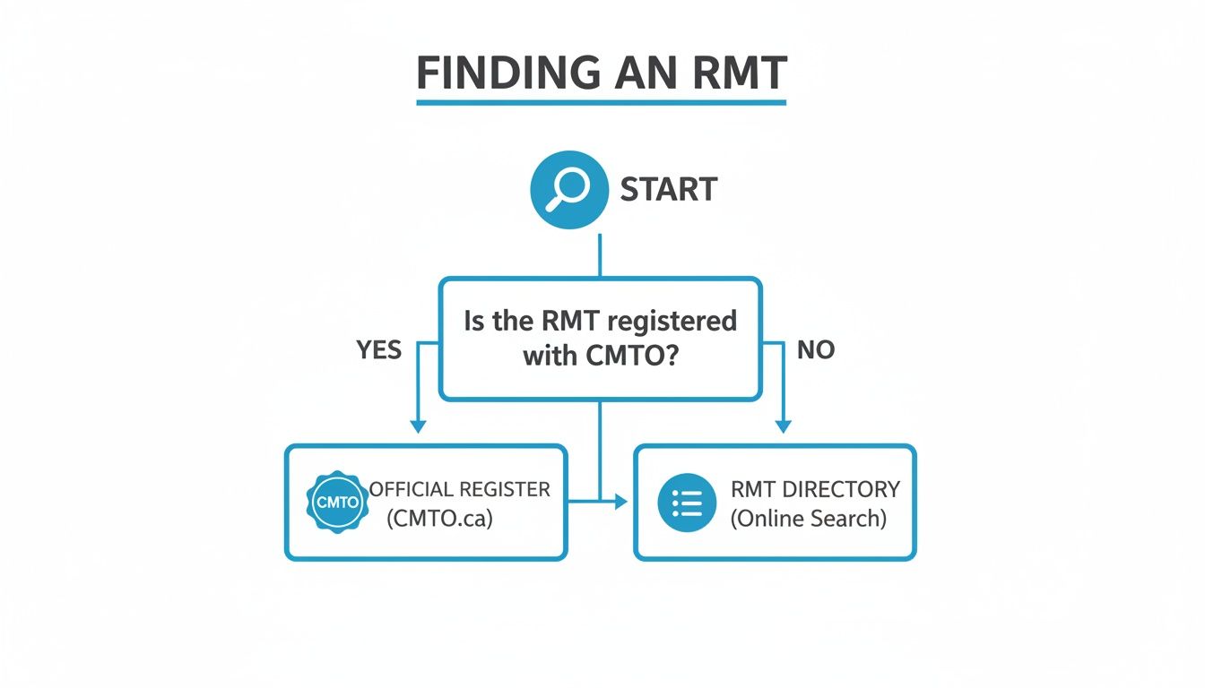 Flowchart detailing the process of finding a Registered Massage Therapist, including checking CMTO registration.