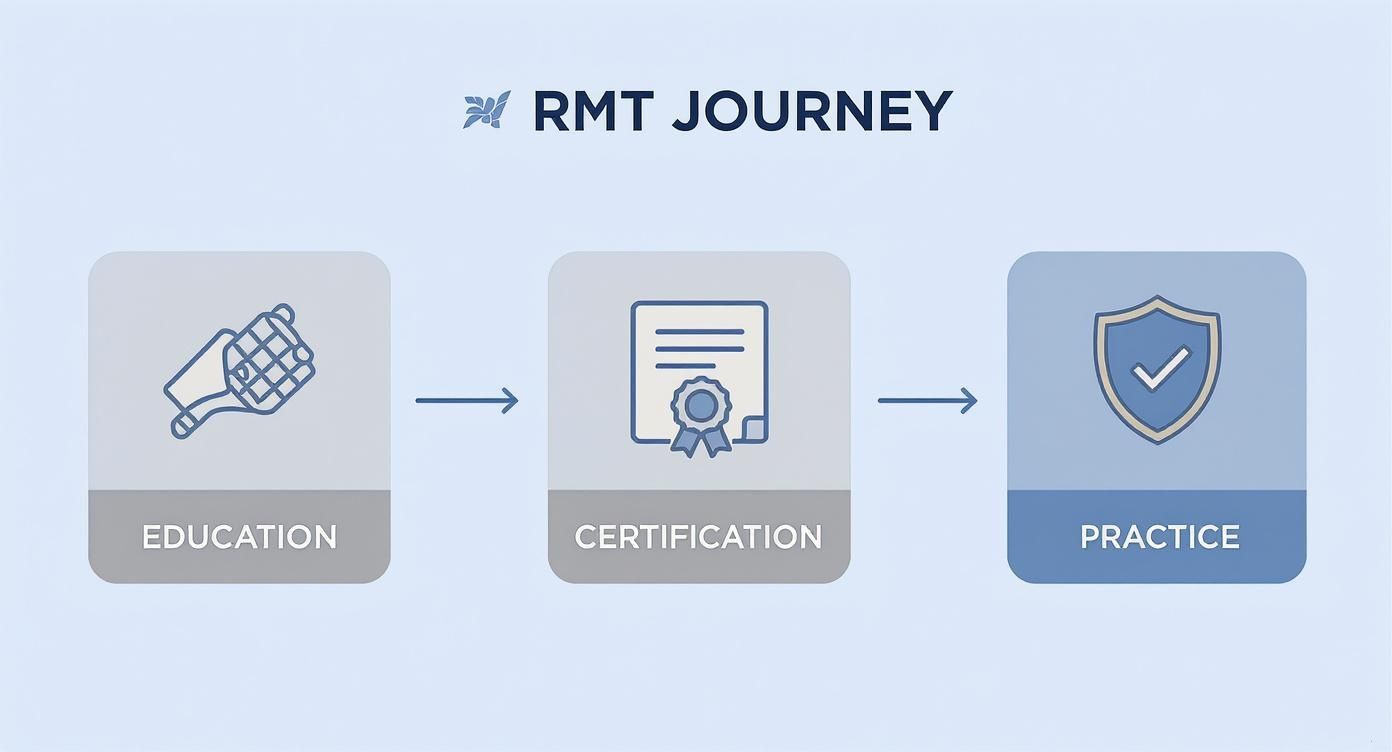 Flowchart depicting the RMT journey from education to certification and professional practice.