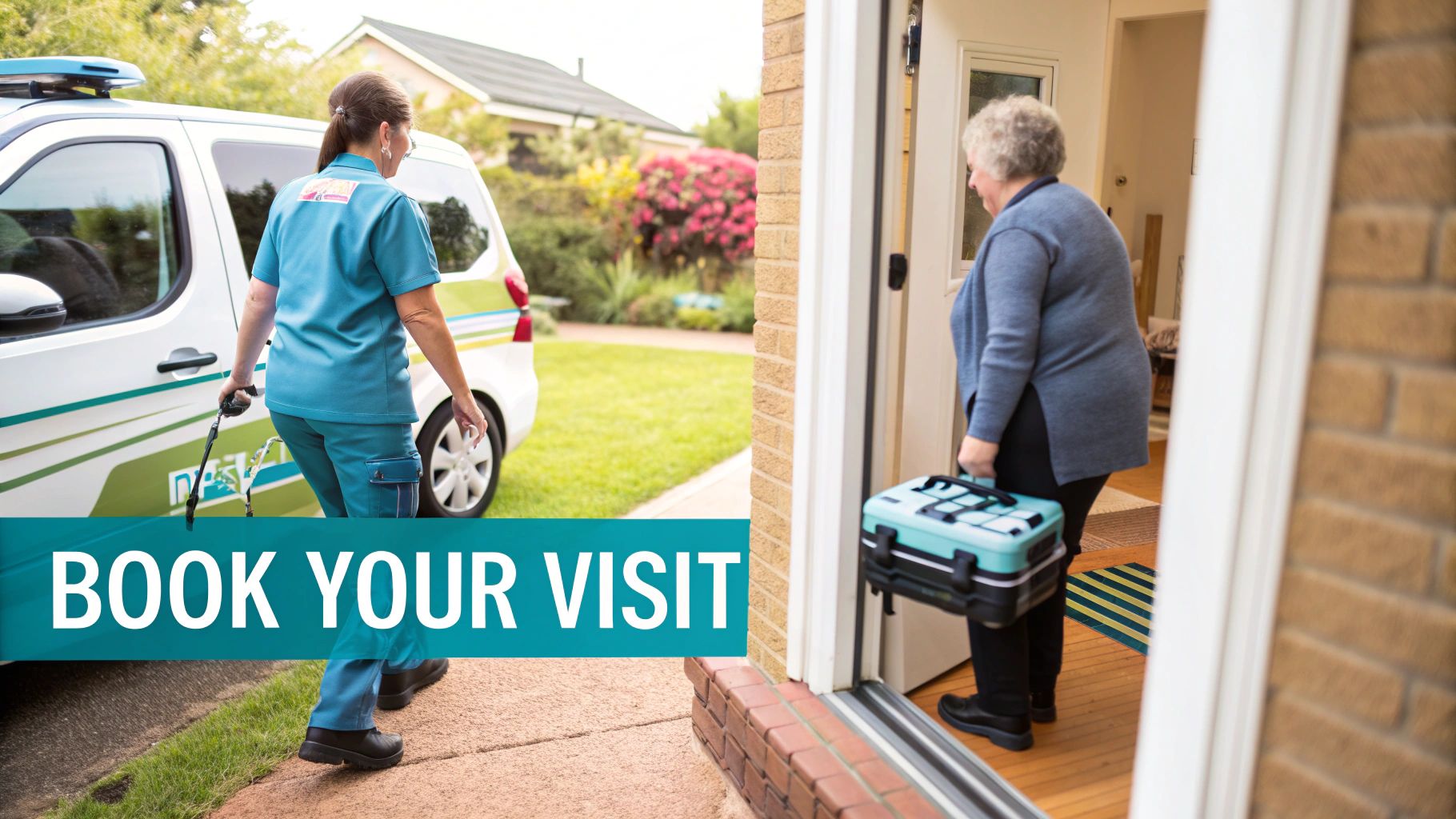 A professional male massage therapist in a polo shirt stands beside his car with his portable massage table, ready for a mobile RMT appointment in a suburban neighborhood.