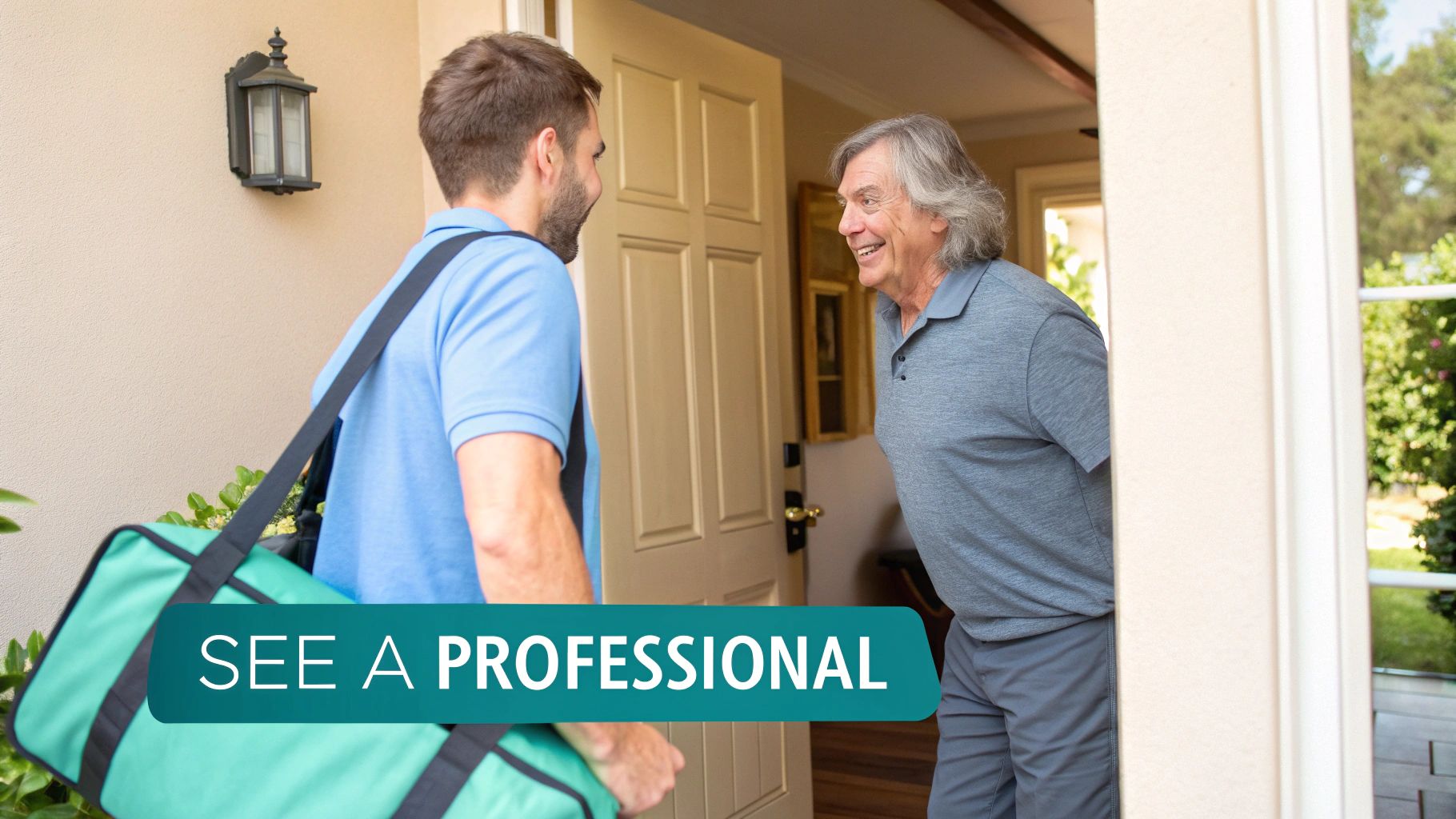 A professional male RMT in a polo shirt arriving at a client's home for an in-home massage therapy session.