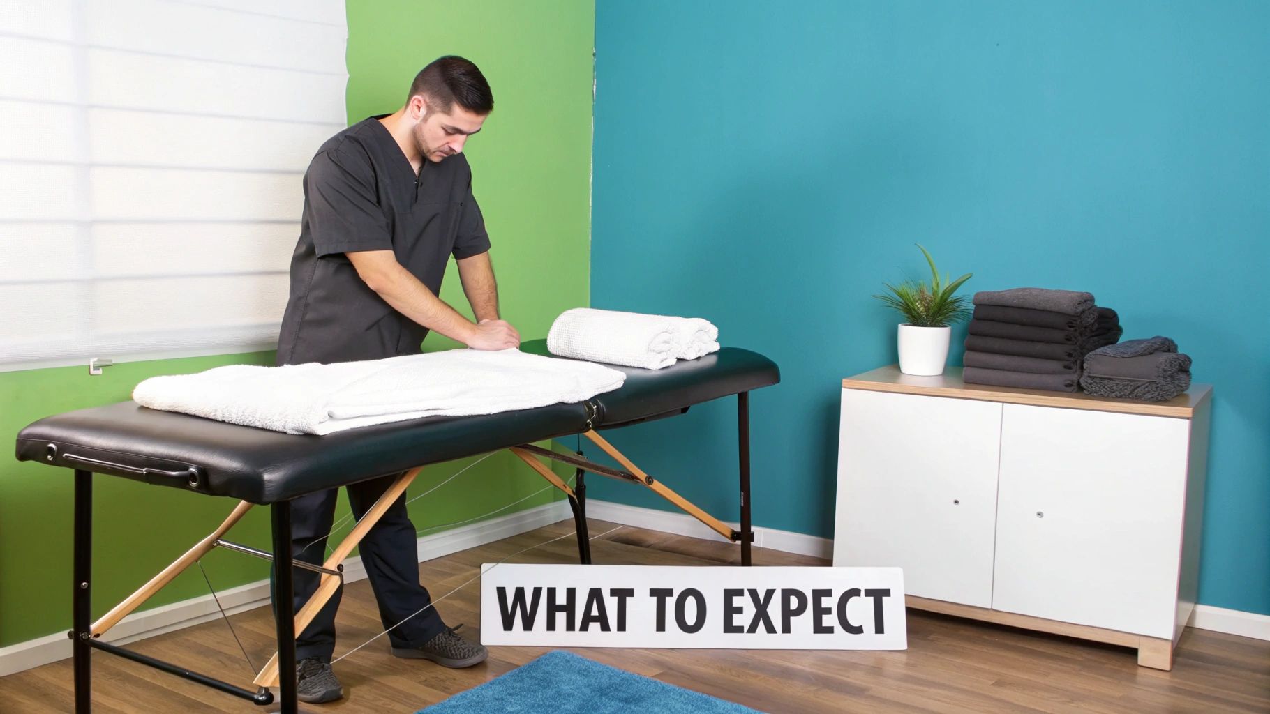 A male massage therapist in scrubs prepares a massage table with white towels in a treatment room.