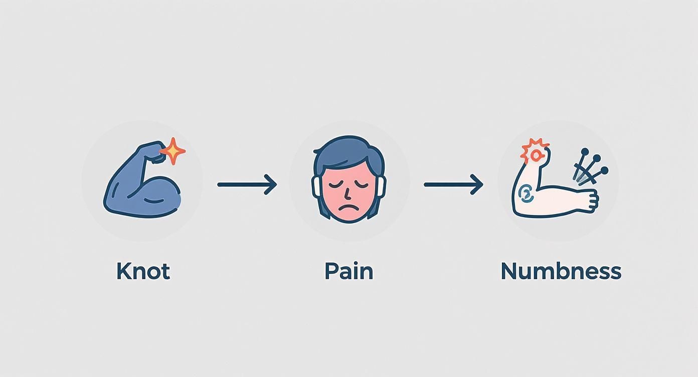 Infographic showing how a muscle knot can cause referred pain like headaches and arm numbness.