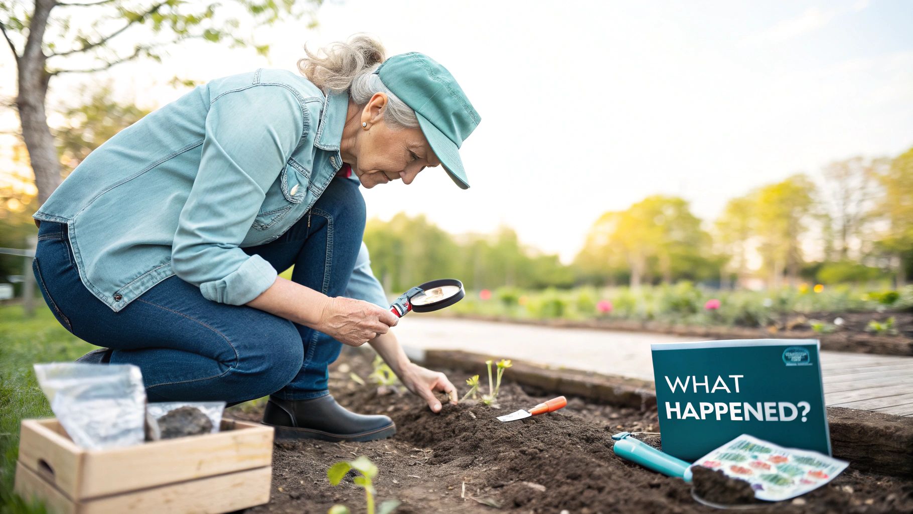 An older woman in a garden examines small plants with a magnifying glass next to a 'WHAT HAPPENED?' sign.