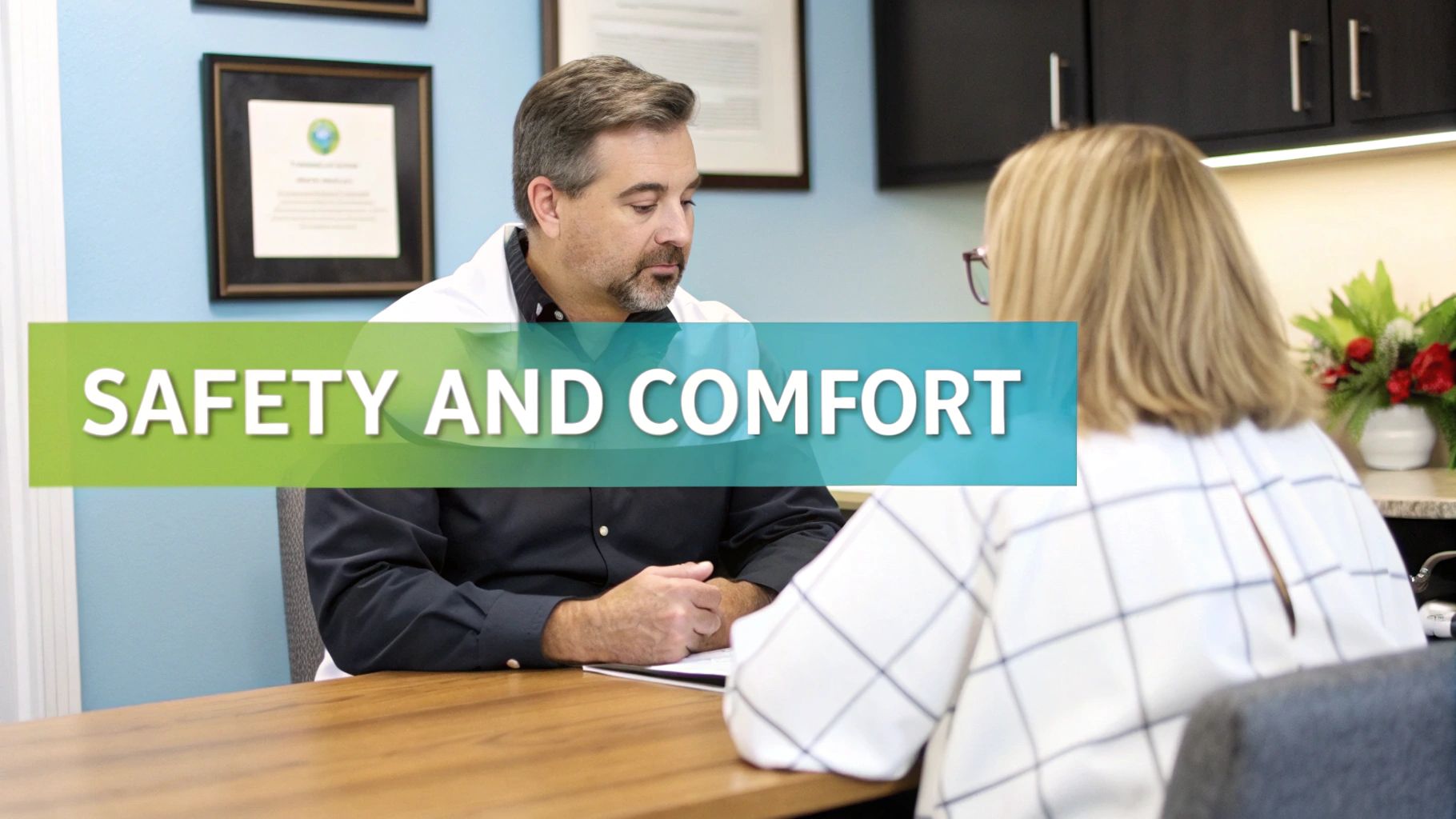 A professional male RMT in a polo shirt consulting with a client, ensuring a safe and comfortable therapeutic experience.
