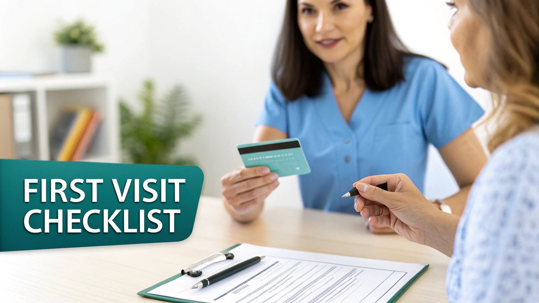 A healthcare professional assists a patient with first visit paperwork, holding a credit card, next to a &#39;FIRST VISIT CHECKLIST&#39; sign.