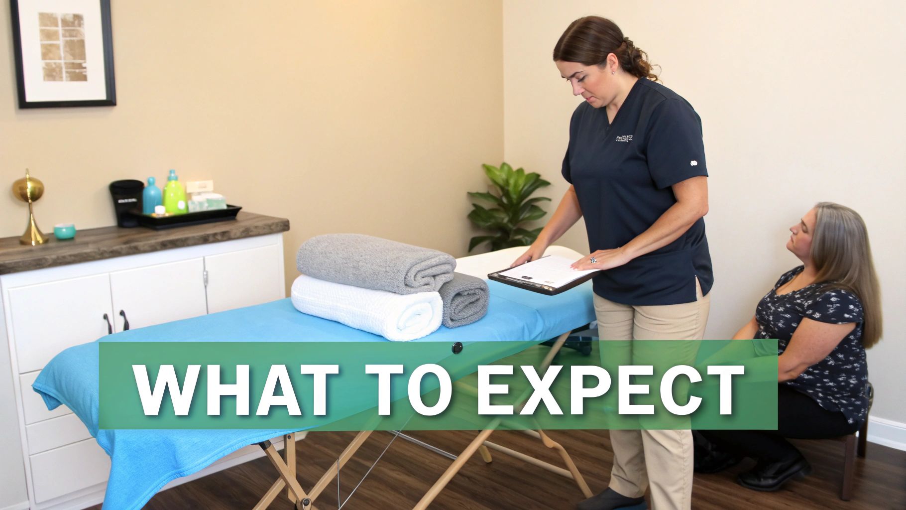 A therapist holds a clipboard, discussing with a seated client next to a massage table.