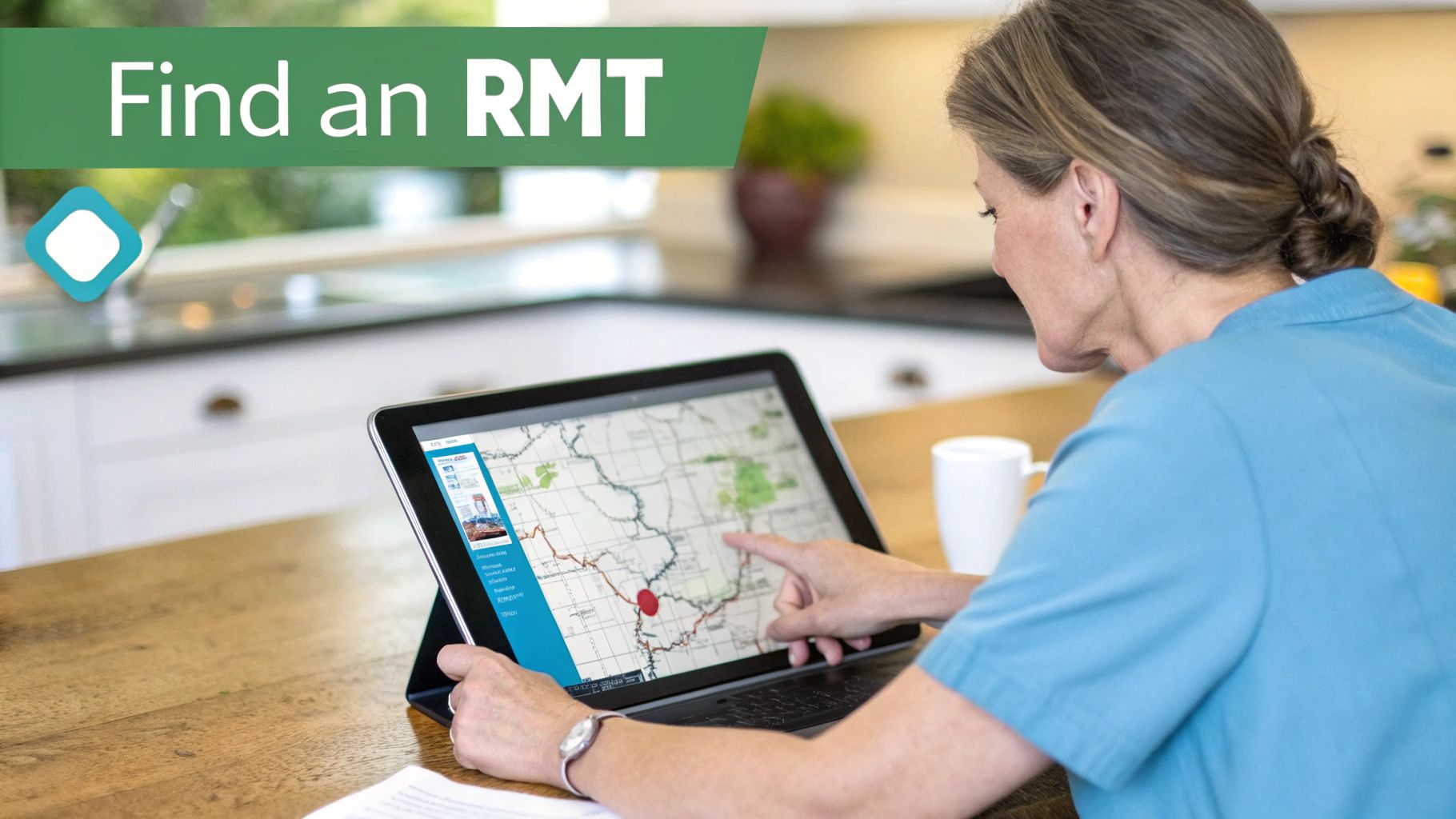 A woman points at a map on a laptop screen while searching for an RMT.