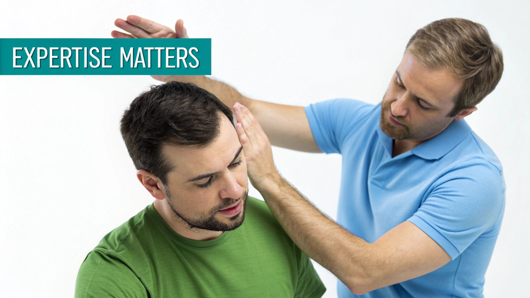 A male therapist performs a physical adjustment on a male client&#39;s head and neck area.