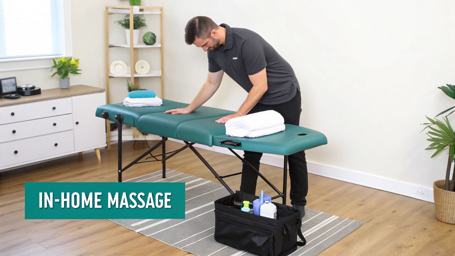 A professional massage therapist working on a client's shoulders in a calm, therapeutic setting.