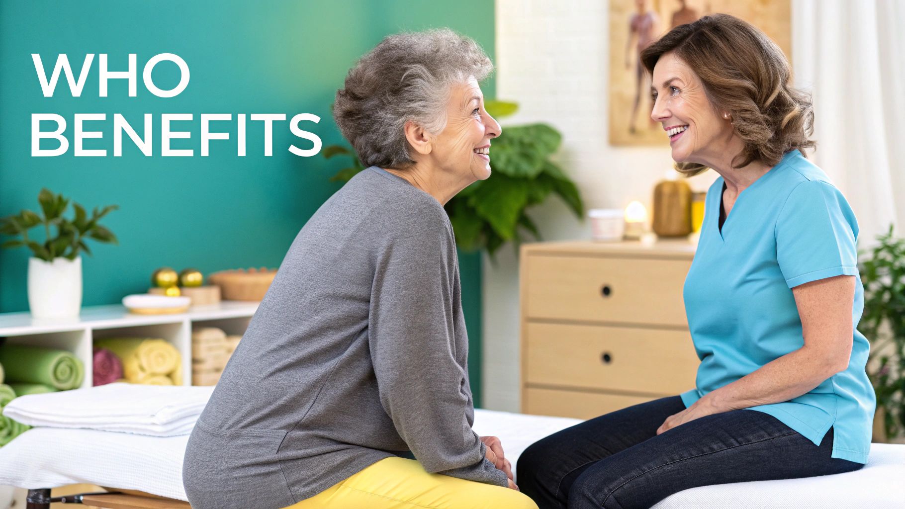 An older woman and a healthcare provider smiling, engaged in a conversation in a wellness setting.