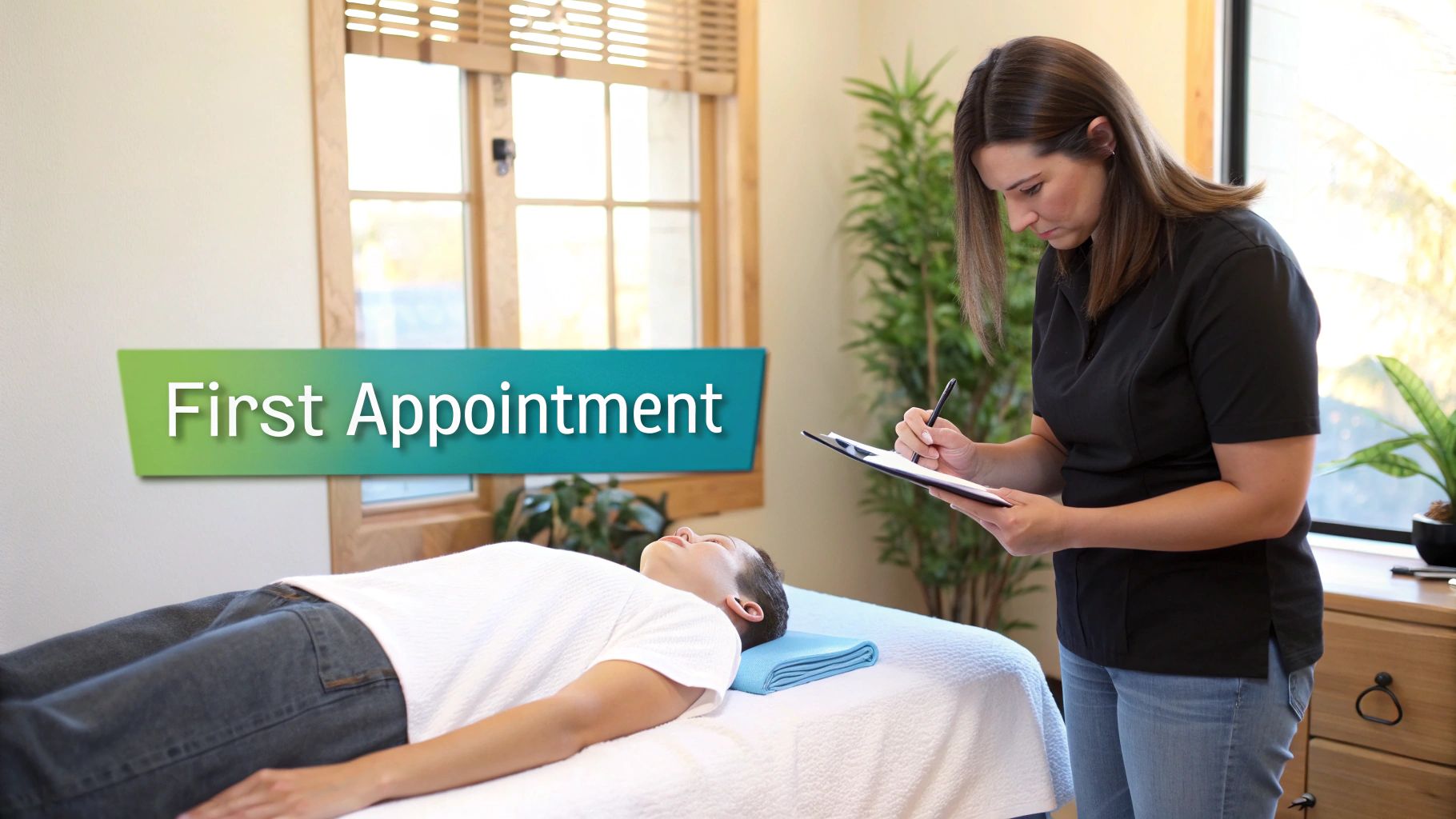 A male massage therapist in professional attire reviewing a health history form with a client in a bright, modern clinic.