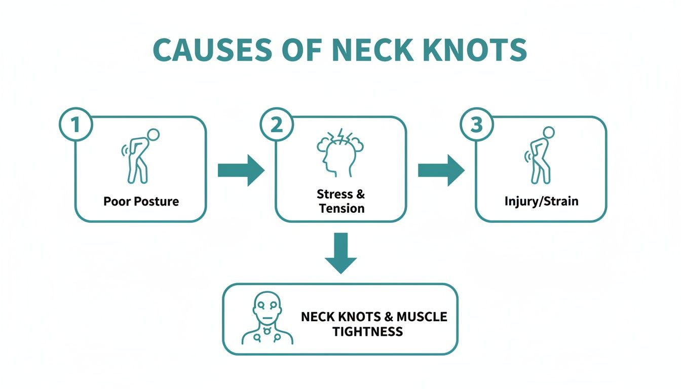 Flowchart illustrating poor posture, stress, tension, and injury as common causes of neck knots and muscle tightness.