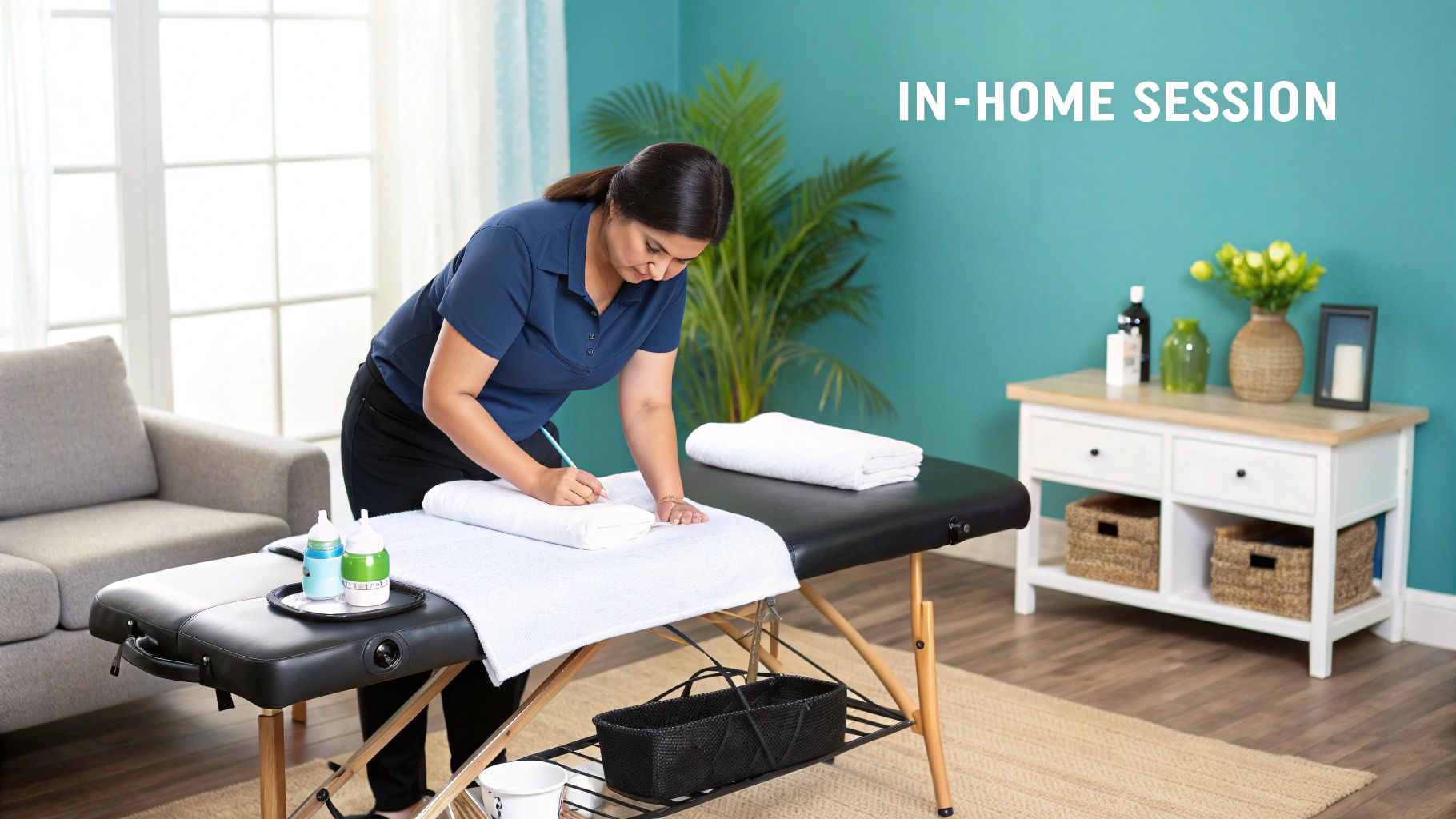 A male massage therapist in a polo shirt professionally sets up a portable massage table with clean linens in a well-lit living room.