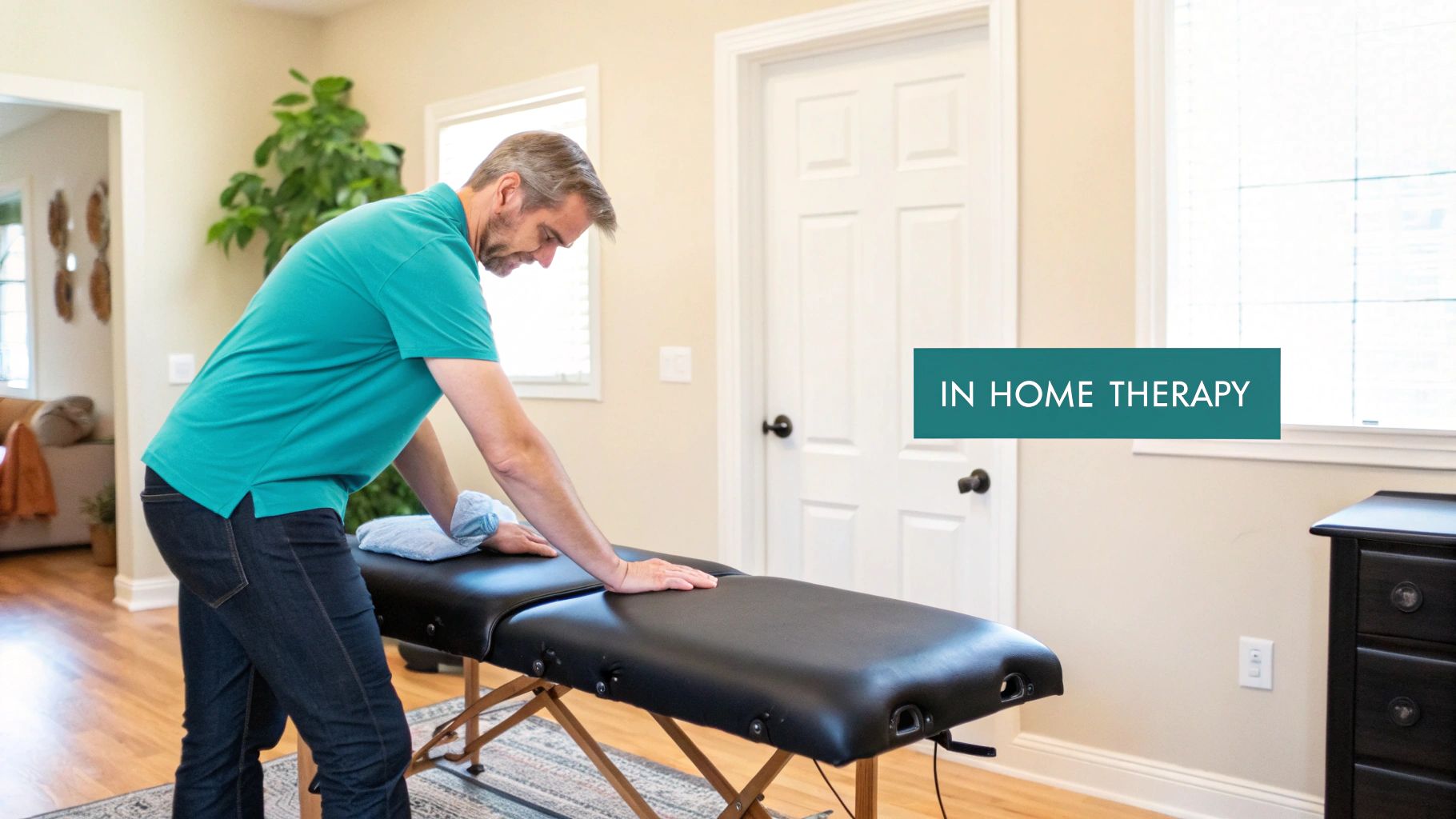 A male therapist in a professional polo shirt provides a therapeutic shoulder massage to a fully draped client on a massage table in a clean, well-lit home setting.