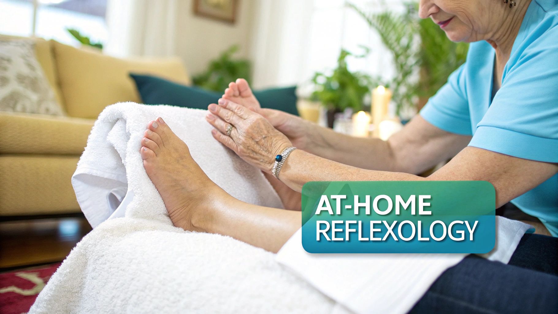 An older woman performs at--home reflexology on another person's foot, covered by a white towel.