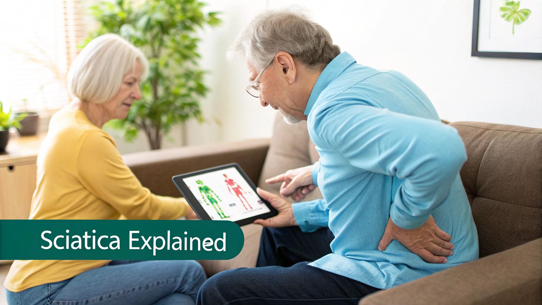 Elderly man experiencing lower back pain, looking at a tablet explaining sciatica with a woman.