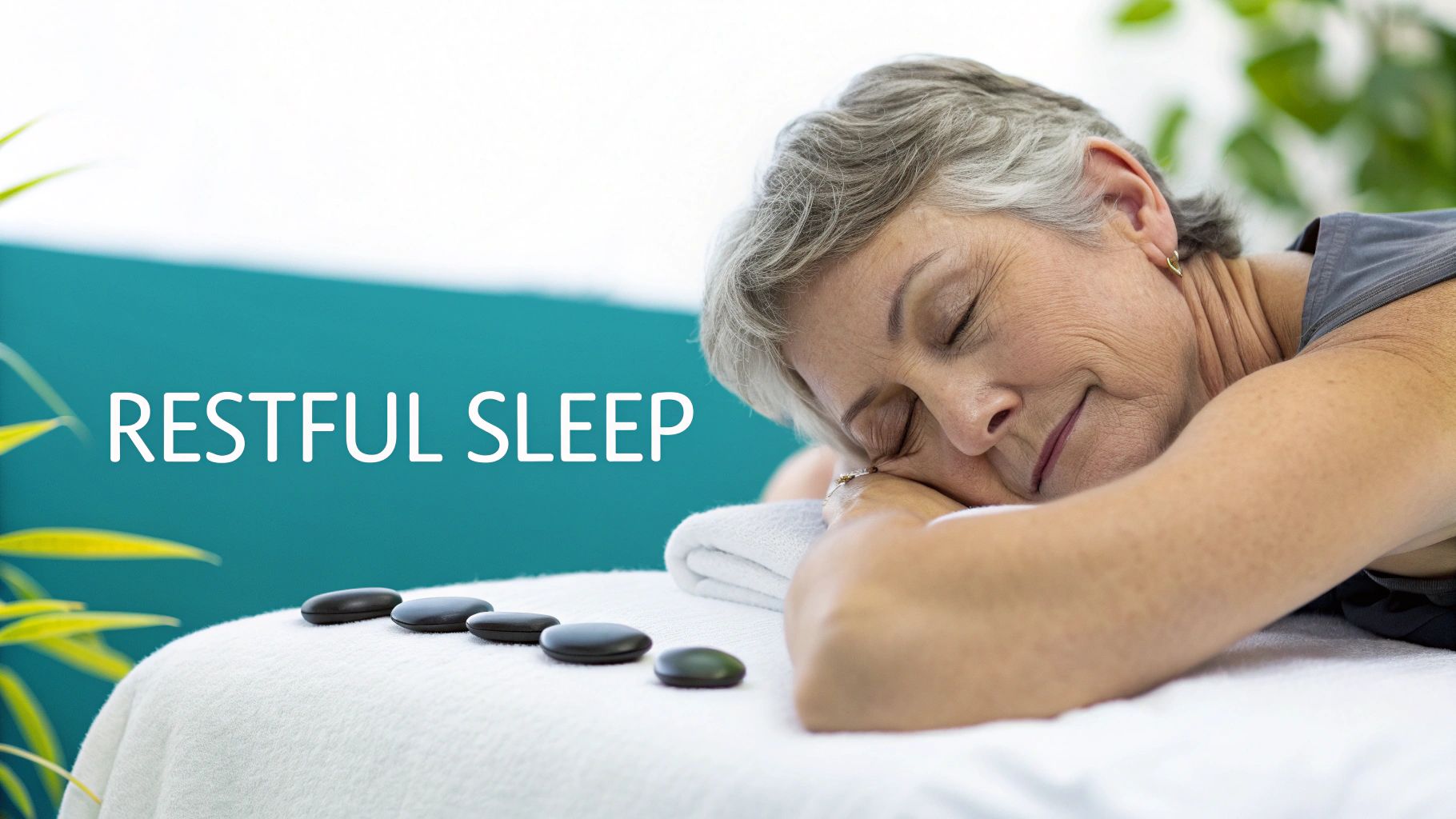 An older woman peacefully sleeping on a massage table with hot stones, promoting restful sleep and relaxation.