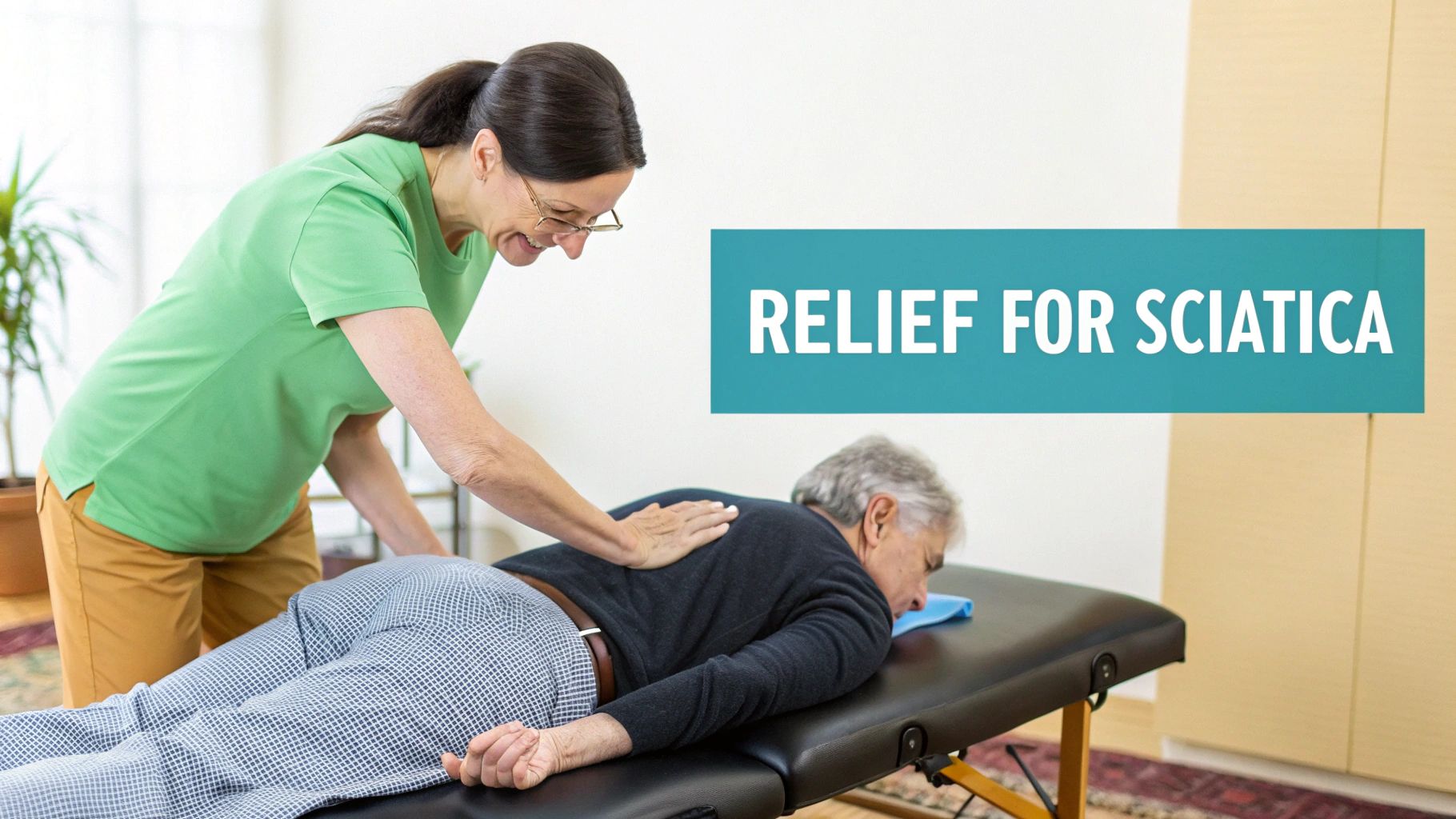 A professional male massage therapist in a polo shirt works on a fully draped client's lower back in a clean, therapeutic setting.