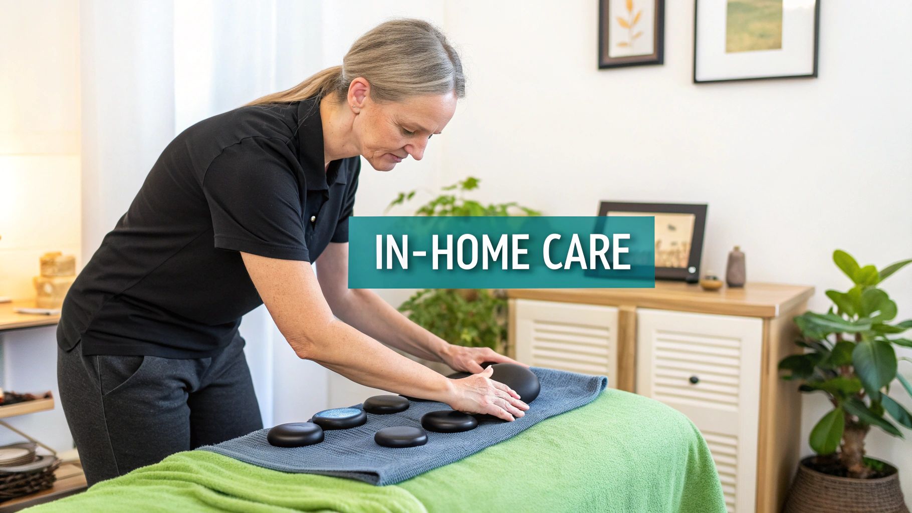 A male therapist in professional attire prepares hot stones on a massage table for an in-home care session.