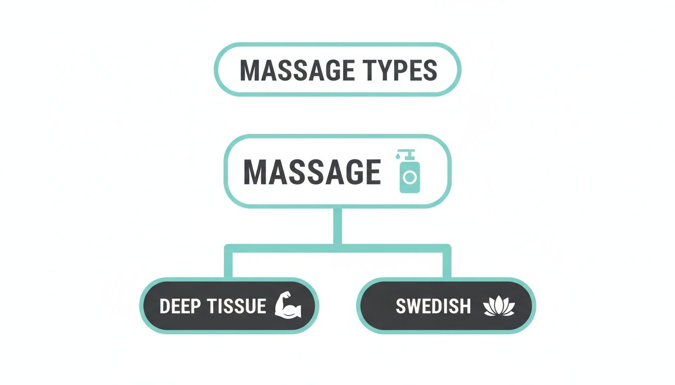 A flowchart illustrating massage types, specifically deep tissue massage with a flexing arm icon and Swedish massage with a lotus icon.