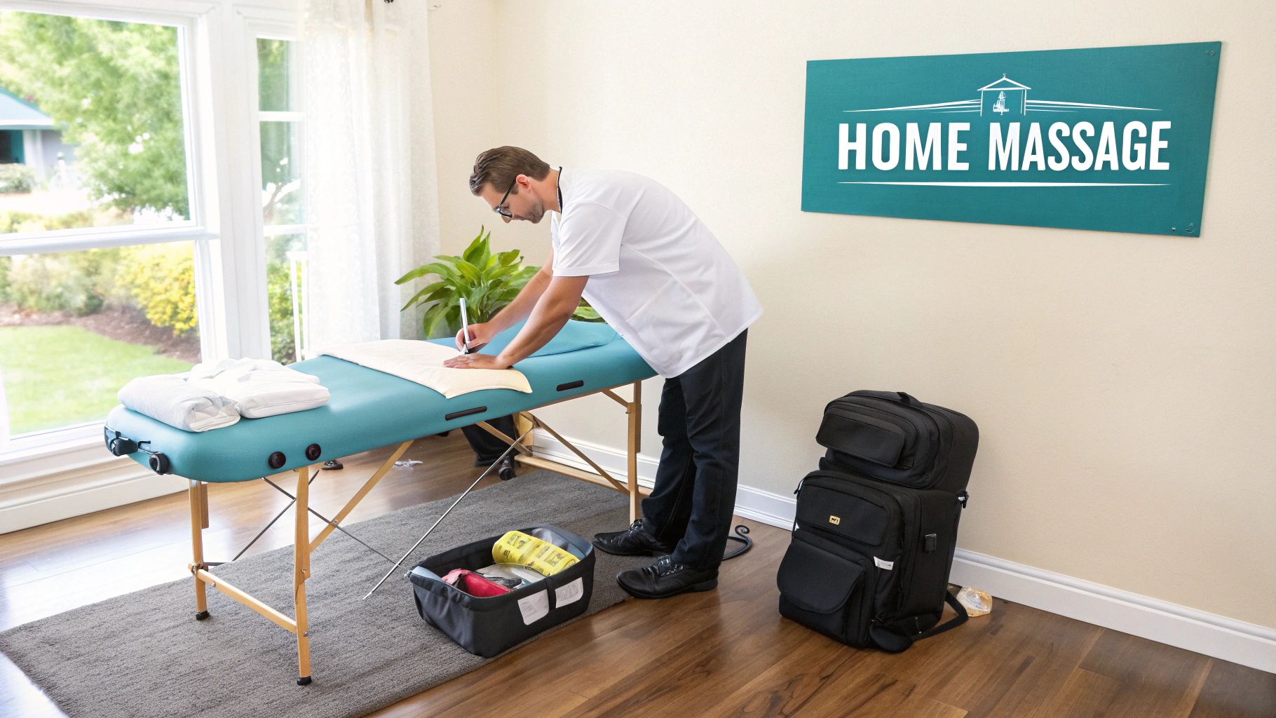 A male massage therapist sets up a portable table in a home, preparing for a home massage service.