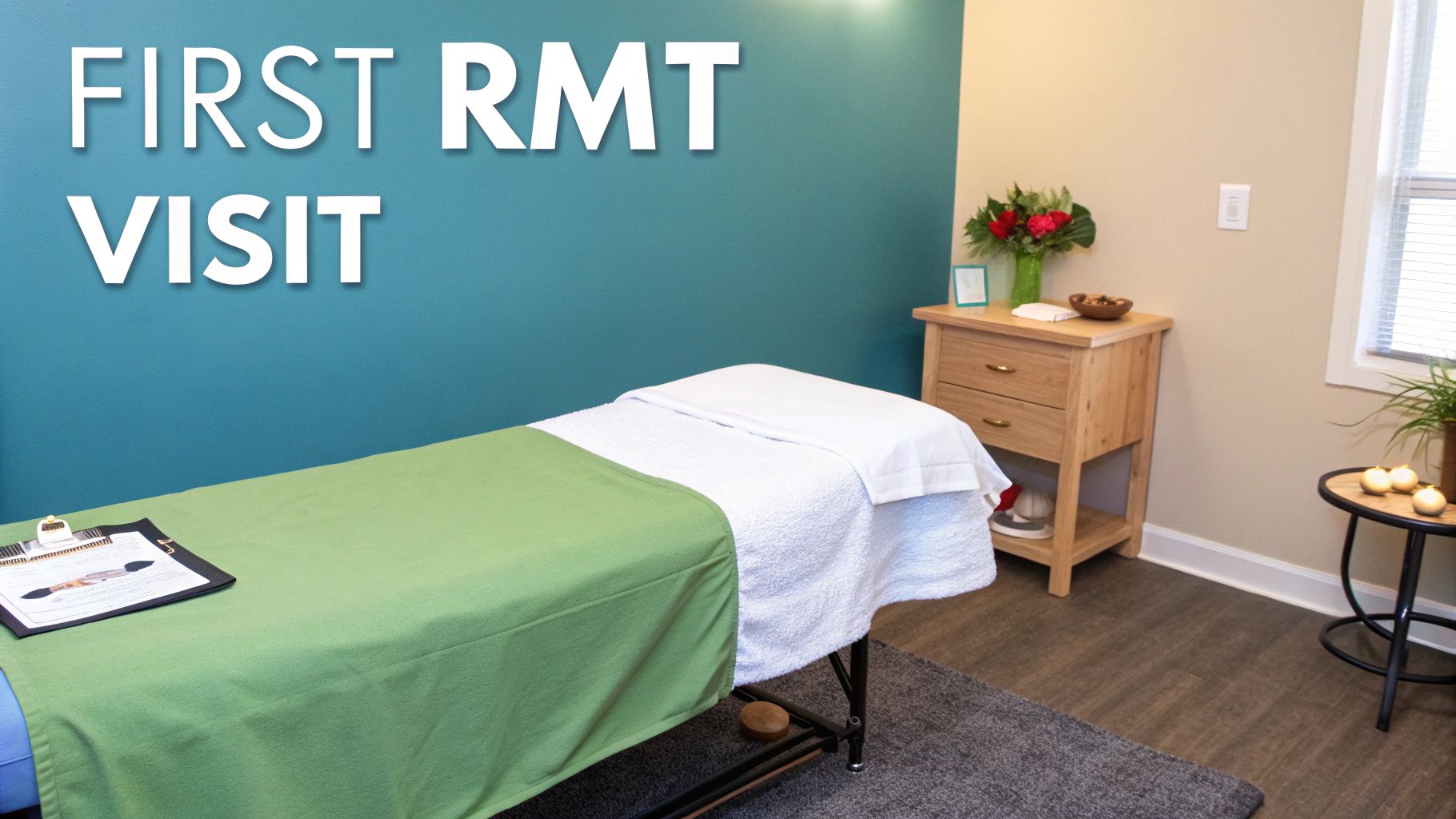 A clean massage room featuring a treatment table, a side table with flowers, and text &#39;FIRST RMT VISIT&#39;.