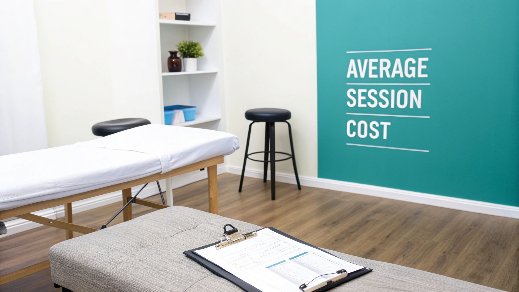 A clean physiotherapy or medical examination room with a table, stool, and 'AVERAGE SESSION COST' text on a teal wall.