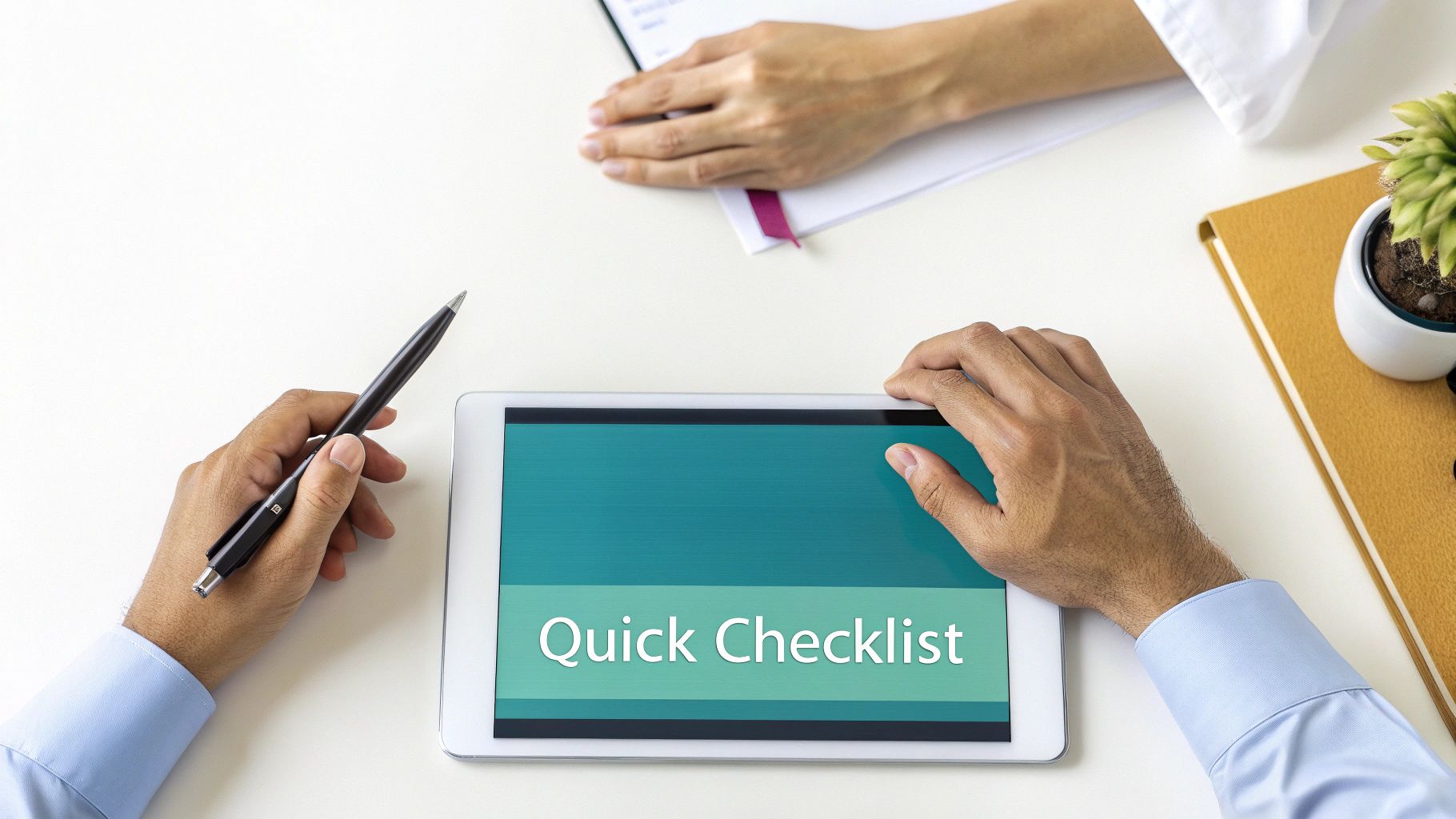 Hands on a white desk, one holding a pen, one on a tablet showing 'Quick Checklist'.
