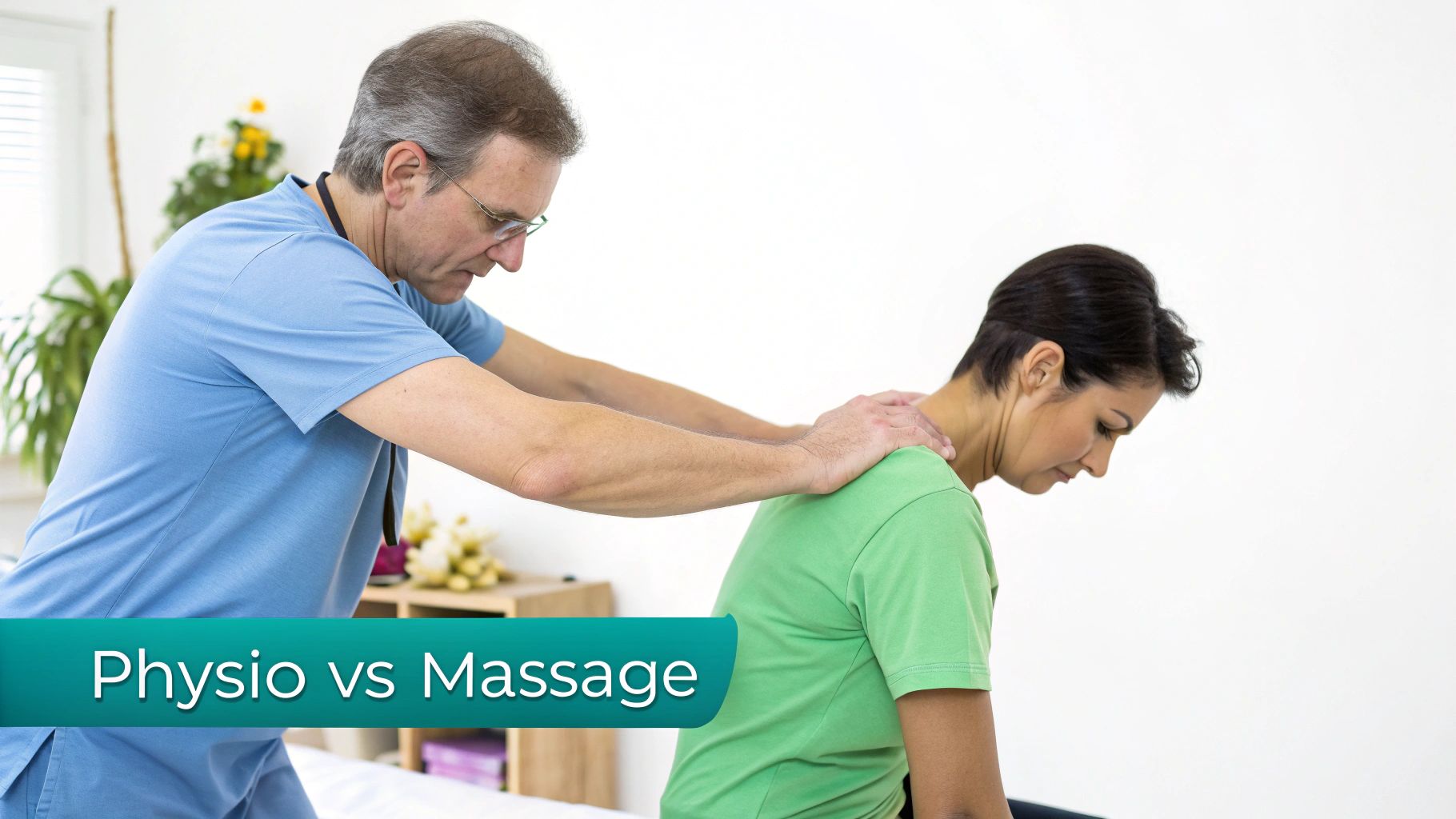 A male physiotherapist helps a female patient with shoulder pain through a massage session.