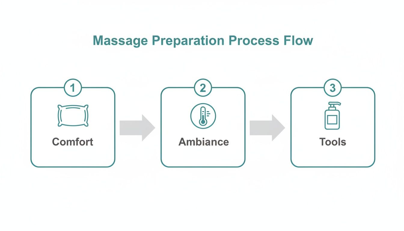 Flowchart illustrating the massage preparation process: comfort (pillow), ambiance (thermometer), and tools (lotion).