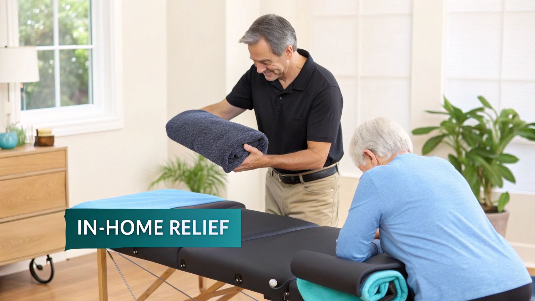 A male therapist hands a dark blue towel to an elderly woman on a massage table.
